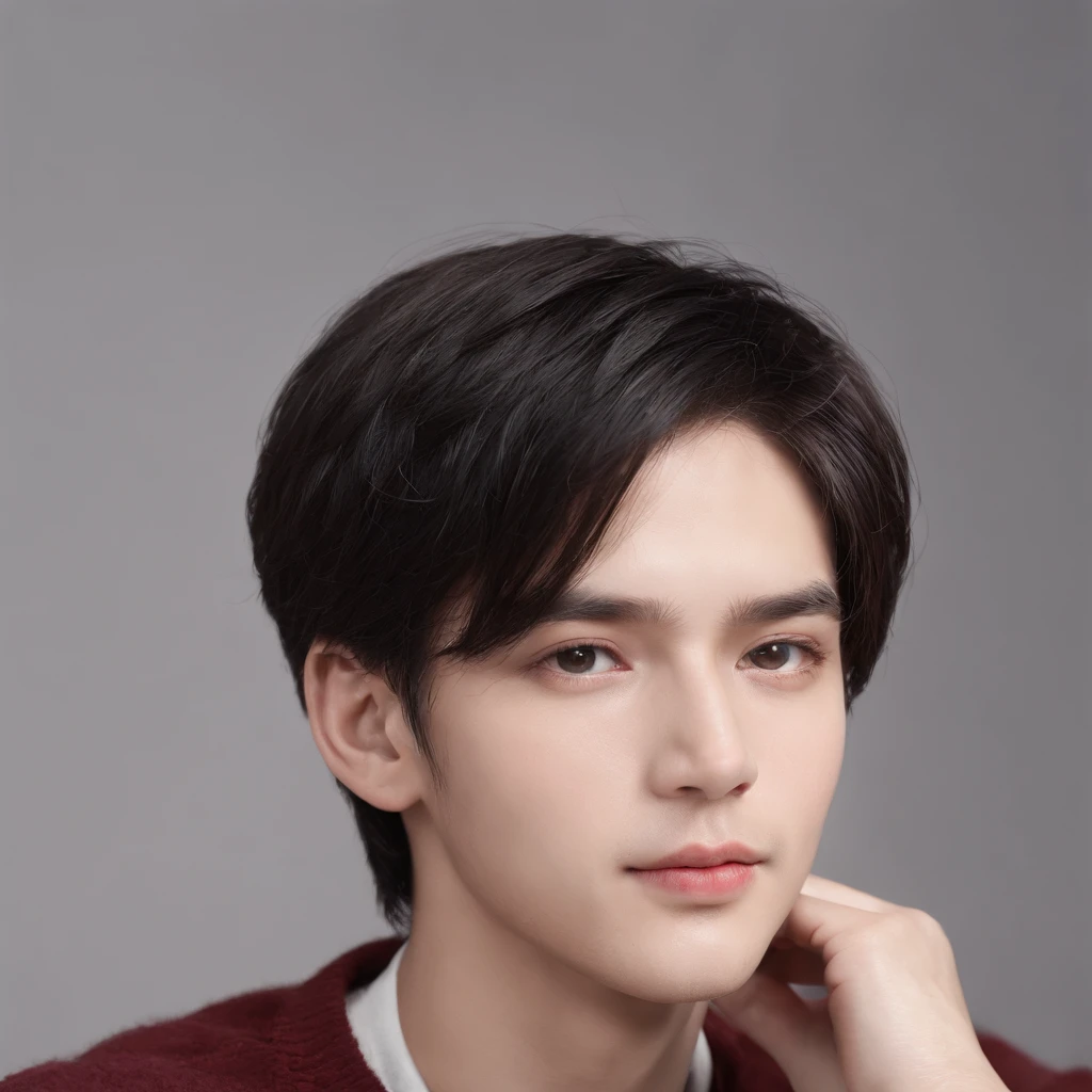 (8K, Raw photo, Best Quality: 1.4), (1boys), Beautiful face, (Realistic face), (Black hair, Short hair:1.3), Nice hairstyle, Realistic eyes, Nice detail eyes, (Realistic skin), Beautiful skins, (Red Sweater), absurd res, enticing, 超A high resolution, Ultra photo realsisim, Very detailed, the golden ratio, Photorealistic, (masutepiece:1.3)