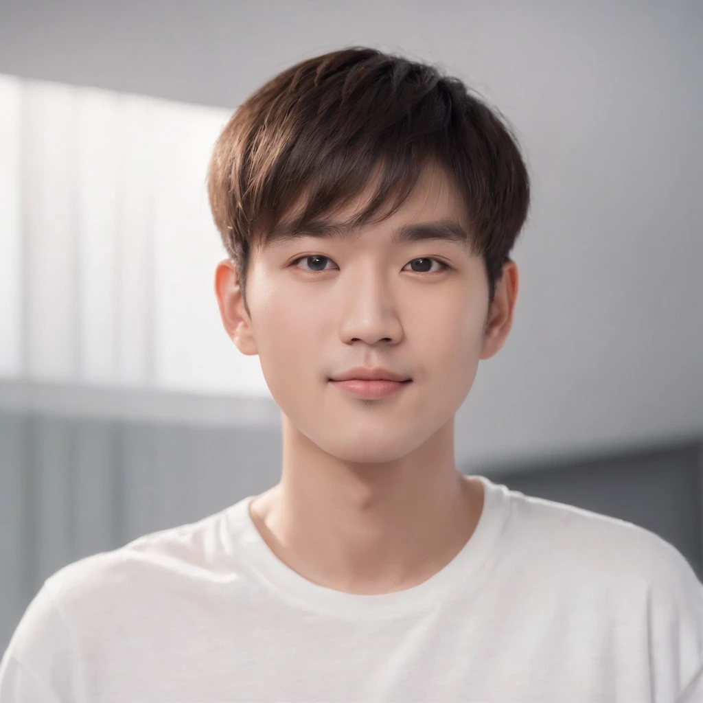 (Photo: 1.3) in the (Realistic: 1.3), East Asian Men,bowl cut,Soft light, Clear face, front, ((White T-shirt)), Cheerful, Warm light, ((Gray-white gradient background)),(Background)) ,avatar,(,Handsome,年轻,((avatar))