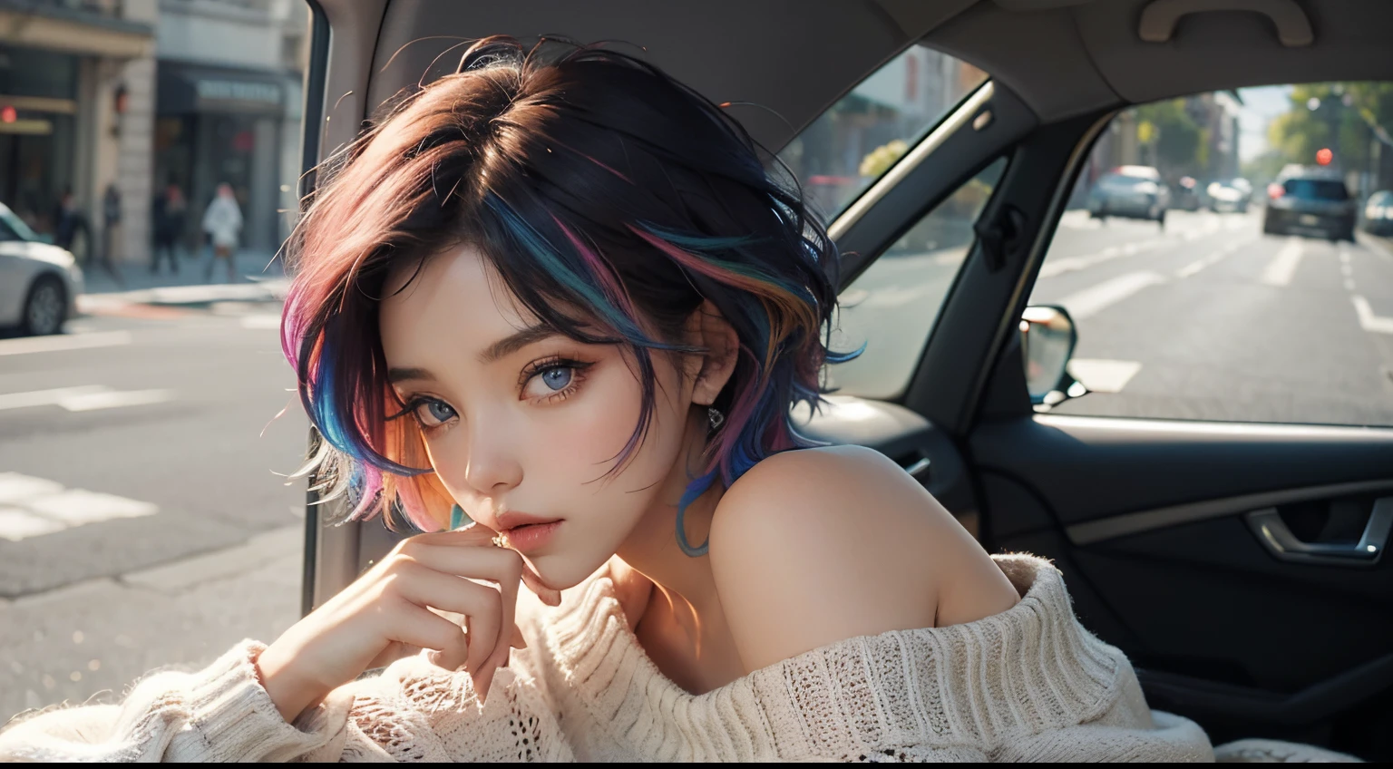 Girl, 4 expresion, side to side, short hair, colorful hair, colorful eyes, potrait, off shoulder sweater