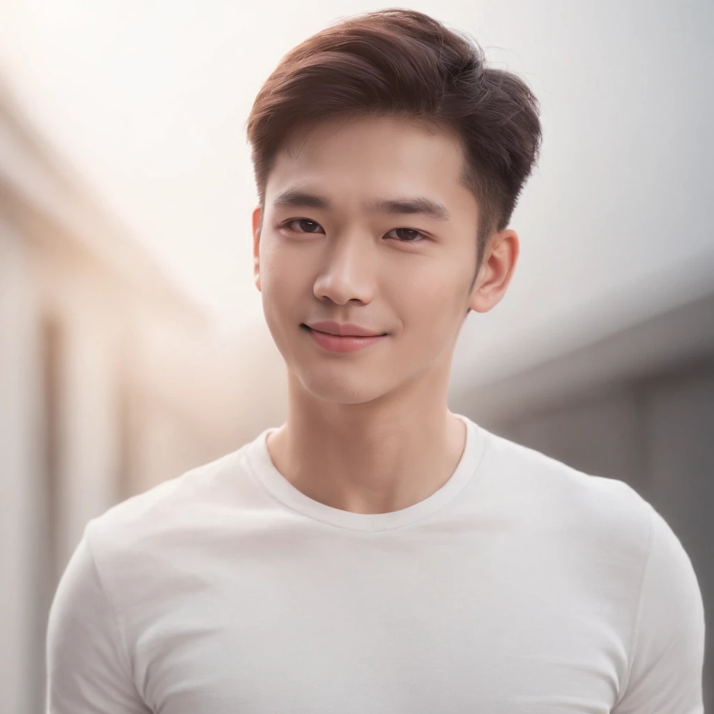 (Photo: 1.3) in the (Realistic: 1.3), East Asian Men, Soft light, Clear face, front, ((White T-shirt)), Cheerful, Warm light, ((Gray-white gradient background)), Smile, (Background)) . ((Gray wall background)) avatar, (Short hair), Handsome, 年轻,, Short hair, ((Bust))