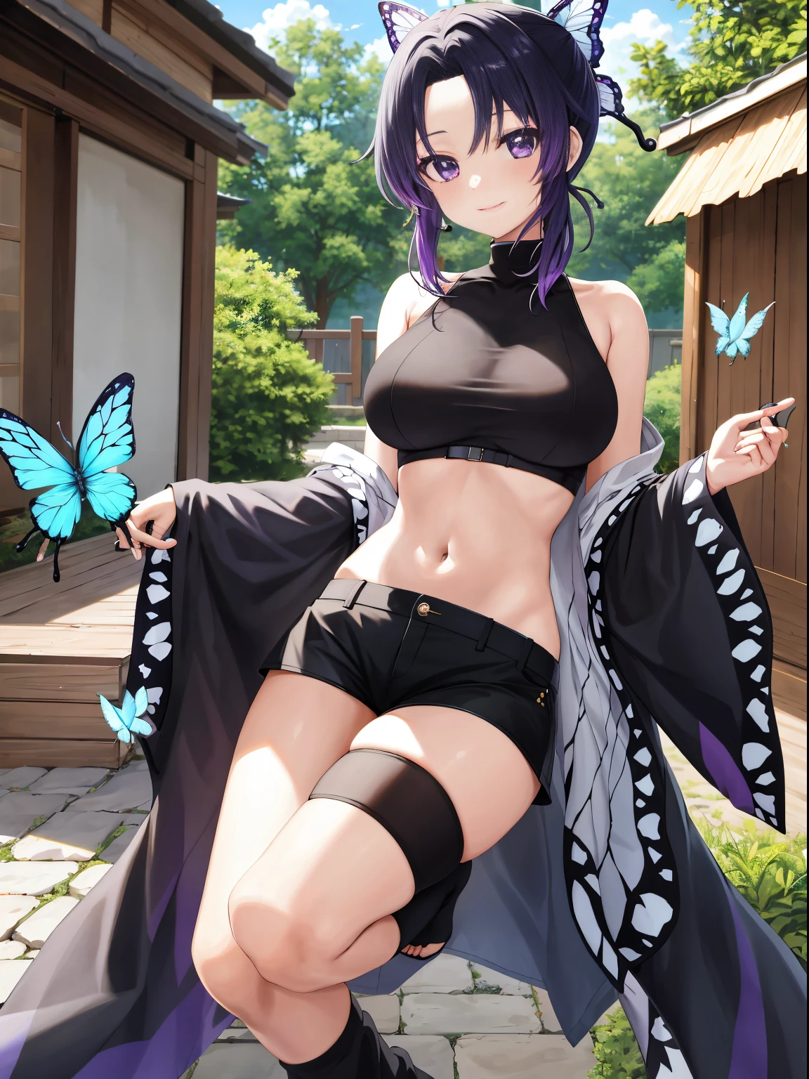 masutepiece, Best Quality, hight resolution, 1girl in, 独奏, kochou shinobu, Decorate your hair with butterflies, violet eyes, Multi-colored hair, Short hair, Parted bangs, Short shorts, open one's legs, Skirt, Turtleneck Top, Navel Ejection, outside of house, Erotica, large full breasts, Sateen, show through, Black pants