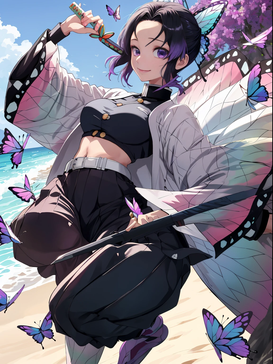 masutepiece, Best Quality, hight resolution, 1girl in, 独奏, kochou shinobu, Decorate your hair with butterflies, violet eyes, Multi-colored hair, Short hair, Parted bangs, Short shorts, open one's legs, Skirt, Turtleneck Top, Navel Ejection, outside of house, Erotica, large full breasts, Body Line, the beach, Black pants, teats