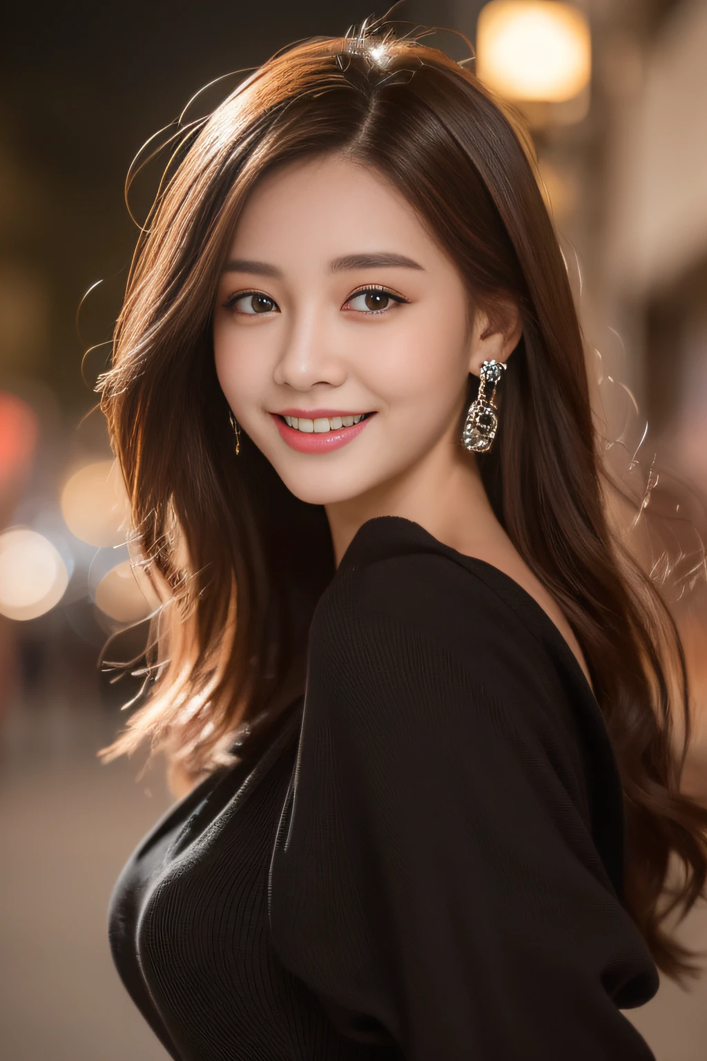 ((Best quality, 8k, Masterpiece :1.3)), 1girl, smiling, full body, slim face, Pretty woman, (Dark brown hair), full length dress :1.1, Ultra-detailed face, Detailed eyes, Double eyelid, blur background, slim face, city, outside, street,