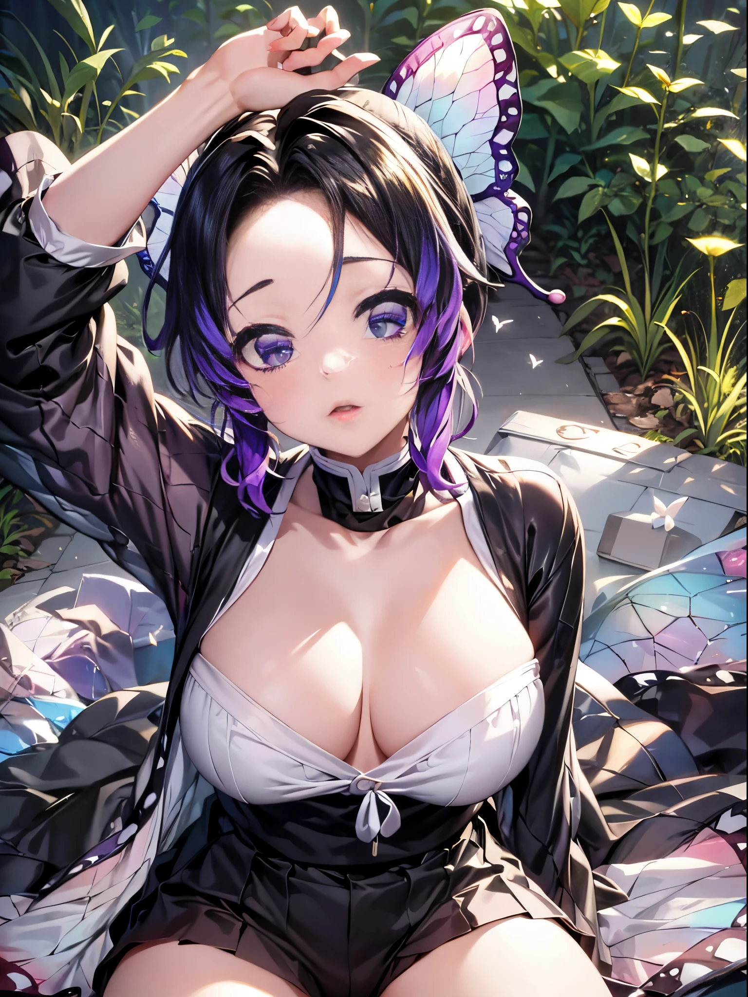 masutepiece, Best Quality, hight resolution, 1girl in, 独奏, kochou shinobu, Decorate your hair with butterflies, violet eyes, Multi-colored hair, Short hair, Parted bangs, Short shorts, Spread your legs apart, skirt by the, Turtleneck Top, outside of house, Erotica, Emphasis on the chest, Valley, black lace pants