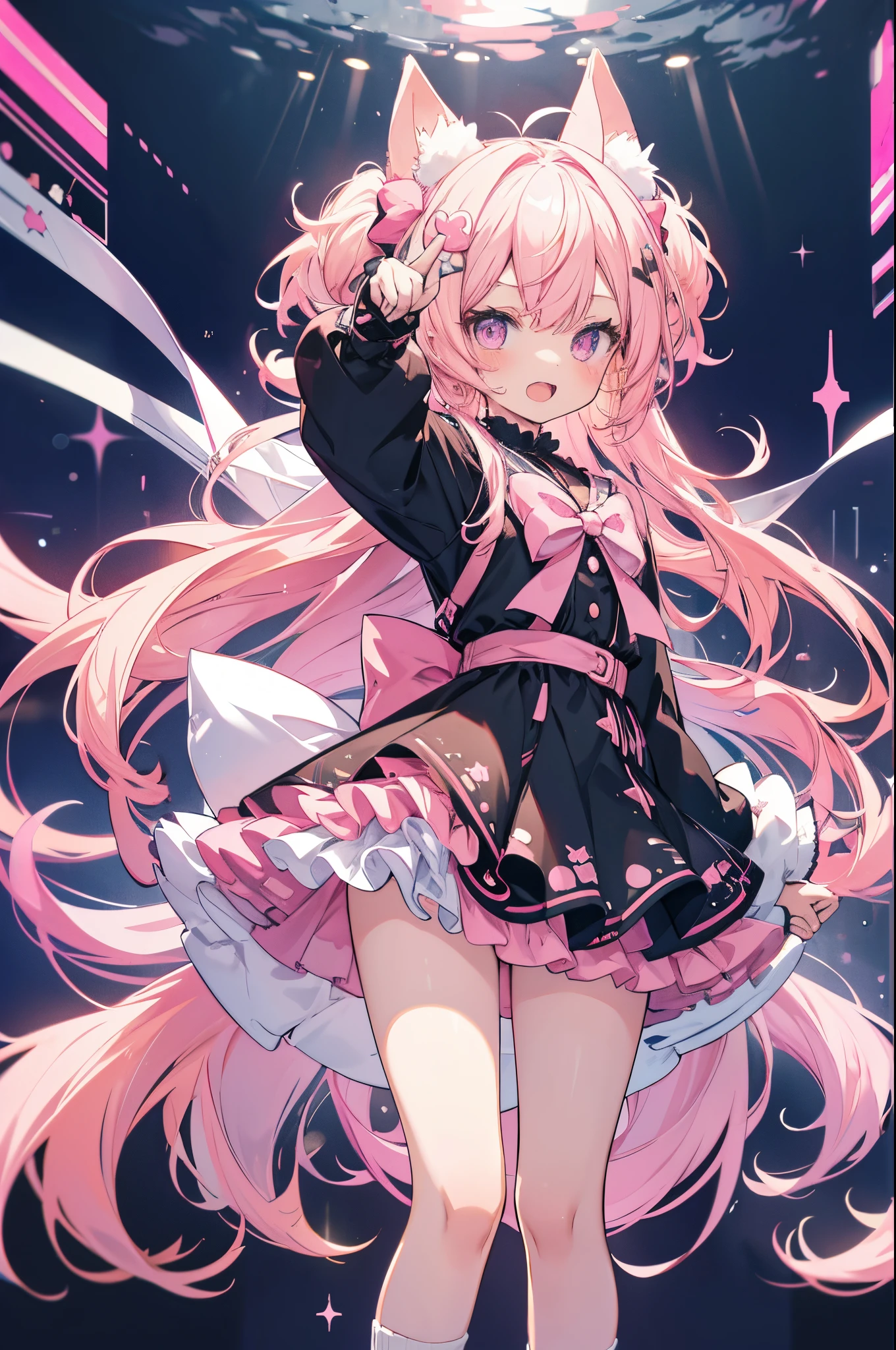 an anime girl in pink and black clothes with blonde hair, pointing at another girl in pink, 1girl, solo, animal ears, socks, long hair, bow, shoes, frills, pink hair, red bow, animal ear fluff, looking at viewer, pointing, long sleeves, open mouth