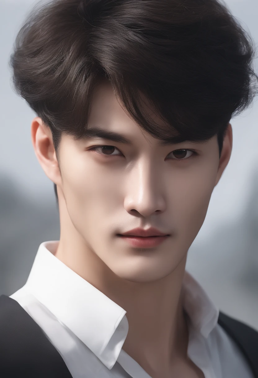 Chinese man in a white shirt, Best Quality,4K,8K,very attractive man with both hands,30-years old, pores are clearly visible,Tidy hair, adolable, Breathtaking, hentail realism, imagem hiperrealista, Extreme repression,facial close-up,soft portrait shot 8 k, very detailed portrait,Hyper-realistic style, , Ultra-realistic portraits,Gray hair,elegant suit, with her mouth open,