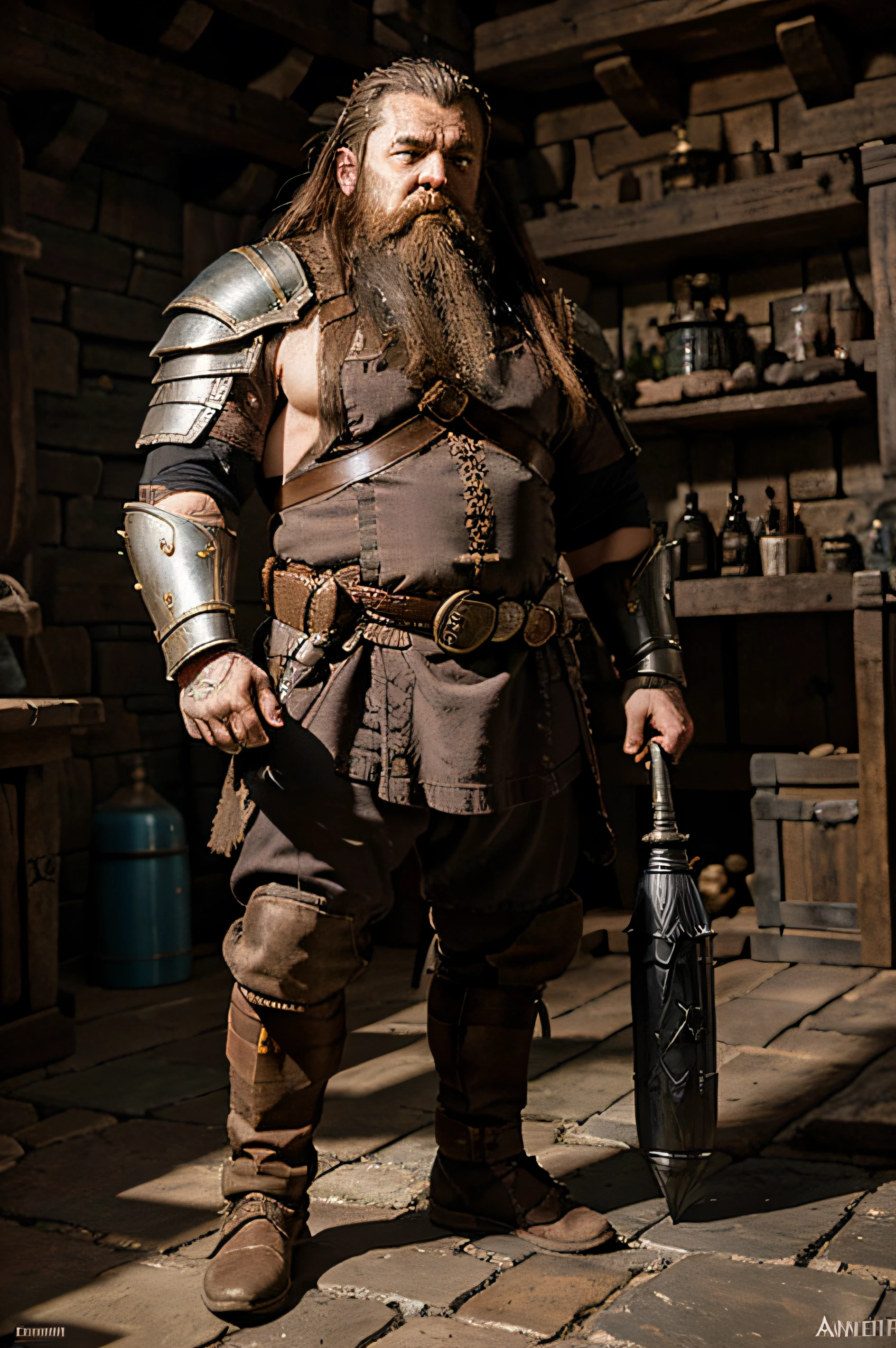 armored man in armor standing in a mountain valley, "Dwarf DND, portrait of a dwarf warrior, dwarvin, fierce and very bearded dwarf, epic fantasy character art, barbarian dwarf with very red beard costume, personagem de fantasia hiperdetalhado, gimli from lord of the rings, arte do personagem de fantasia, dnd dwarf, Directed by: Darryl Zabrocki, norse warrior, Dwarf, with many drink bottles on the floor.