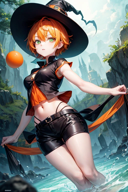 an anime style full body image of a witch with white skin, orange short hair, green eyes, and a witch hat with an orange band around the top, shes wearing a black short top with no sleeves and black long trousers