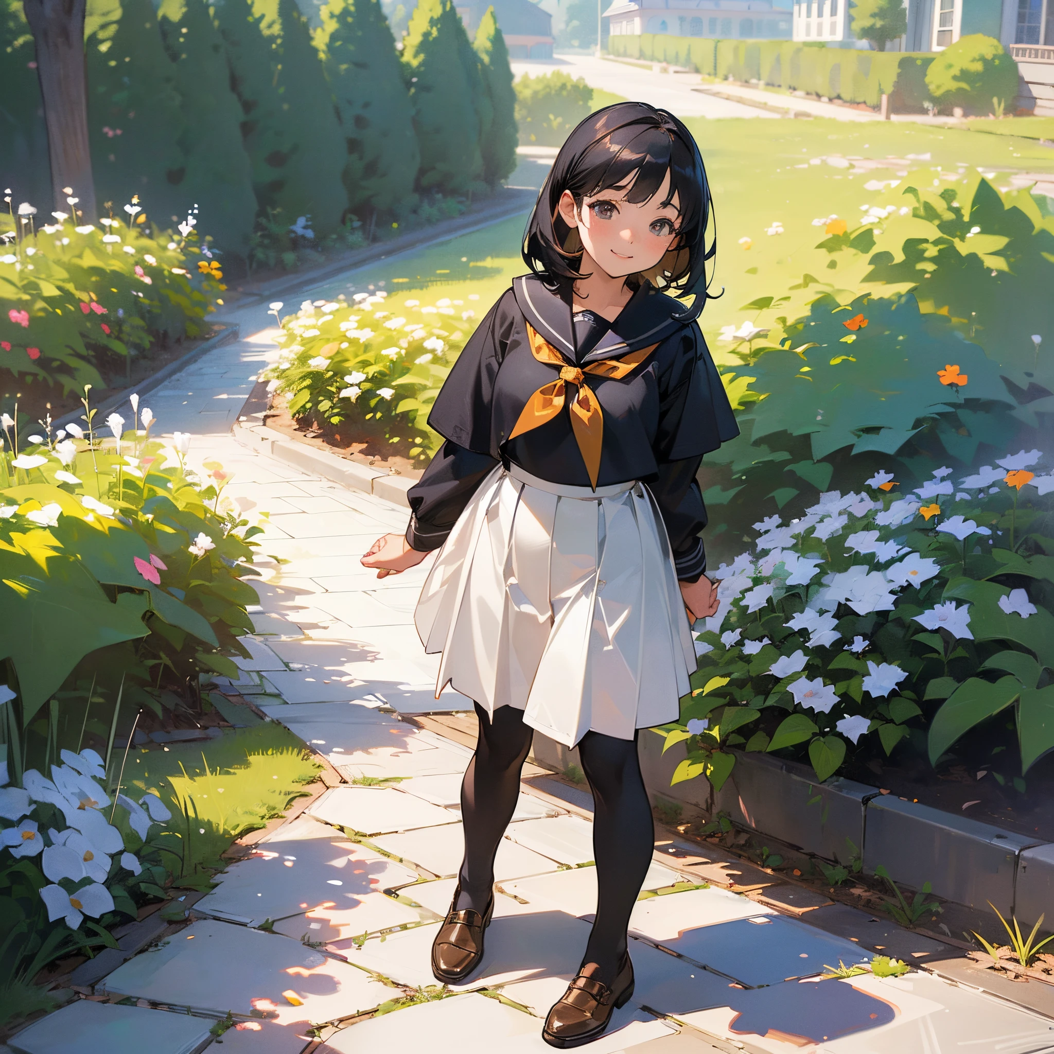 (Best Quality,High resolution,Ultra-detailed,Photorealistic:1.37),peaceful ambiance,(plein air,garden),Teenage girl standing alone,Beautiful detailed features,Cute smile,(Black bob hair),Navy sailor suit,Pleated skirt,Black tights,Brown leather shoes.