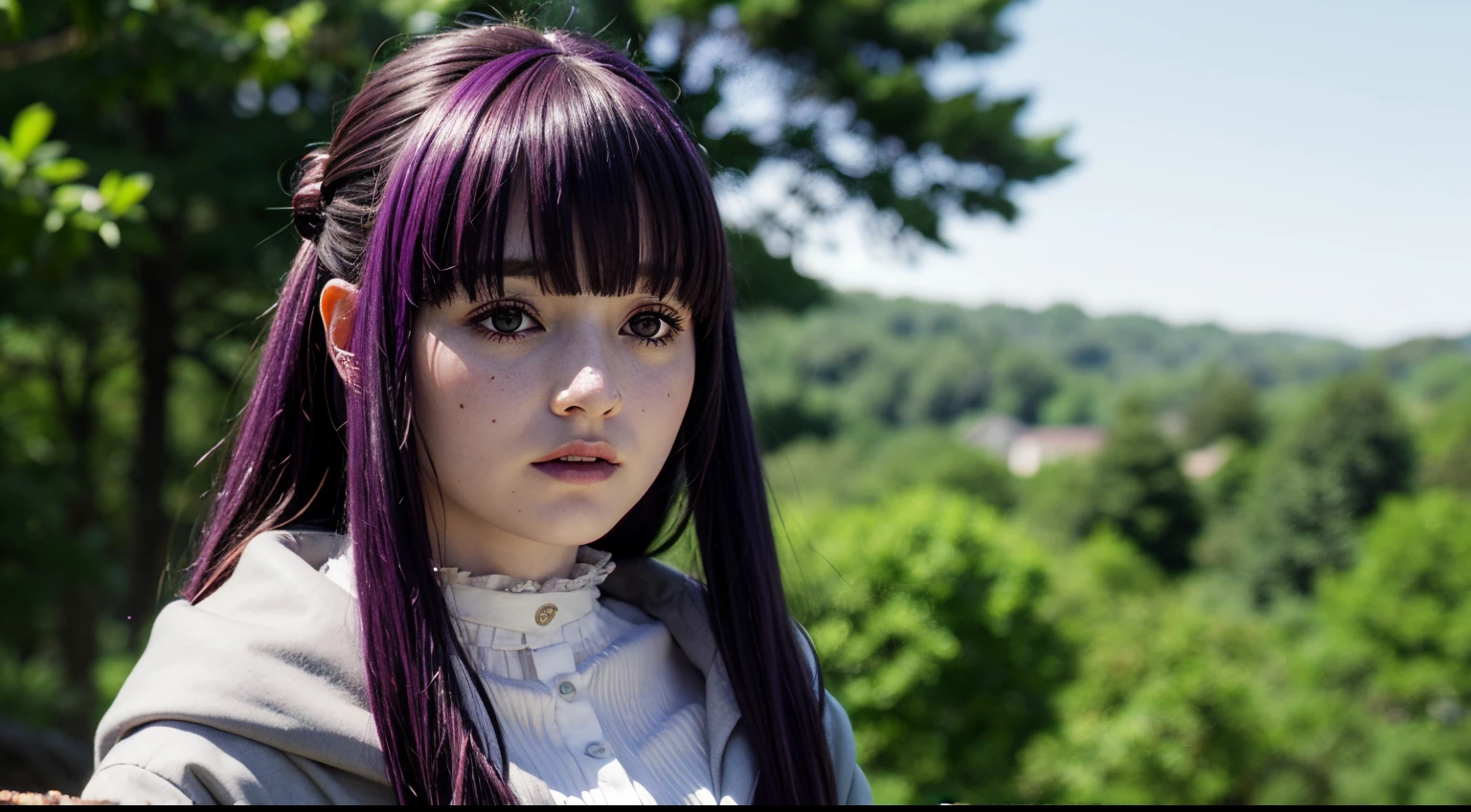 fern, long hair, bangs, (purple eyes:1.1), purple hair, sidelocks, blunt bangs, bright pupils, half updo,
shirt, dress, jacket, white shirt, open clothes, hood, white dress, hood down, looking at viewer, upper body, outdoors, forest, detailed face, detailed eyes, beauty, extremely beautiful face,