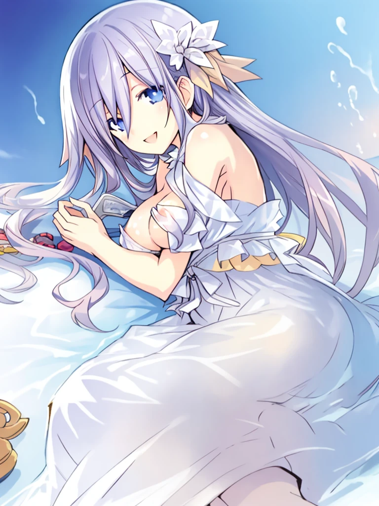 high quality, Mio Takamiya, long hair, open eyes, detailed eyes, cute anime girl, light smile, tits, breasts, girl lying on a bed, morning
