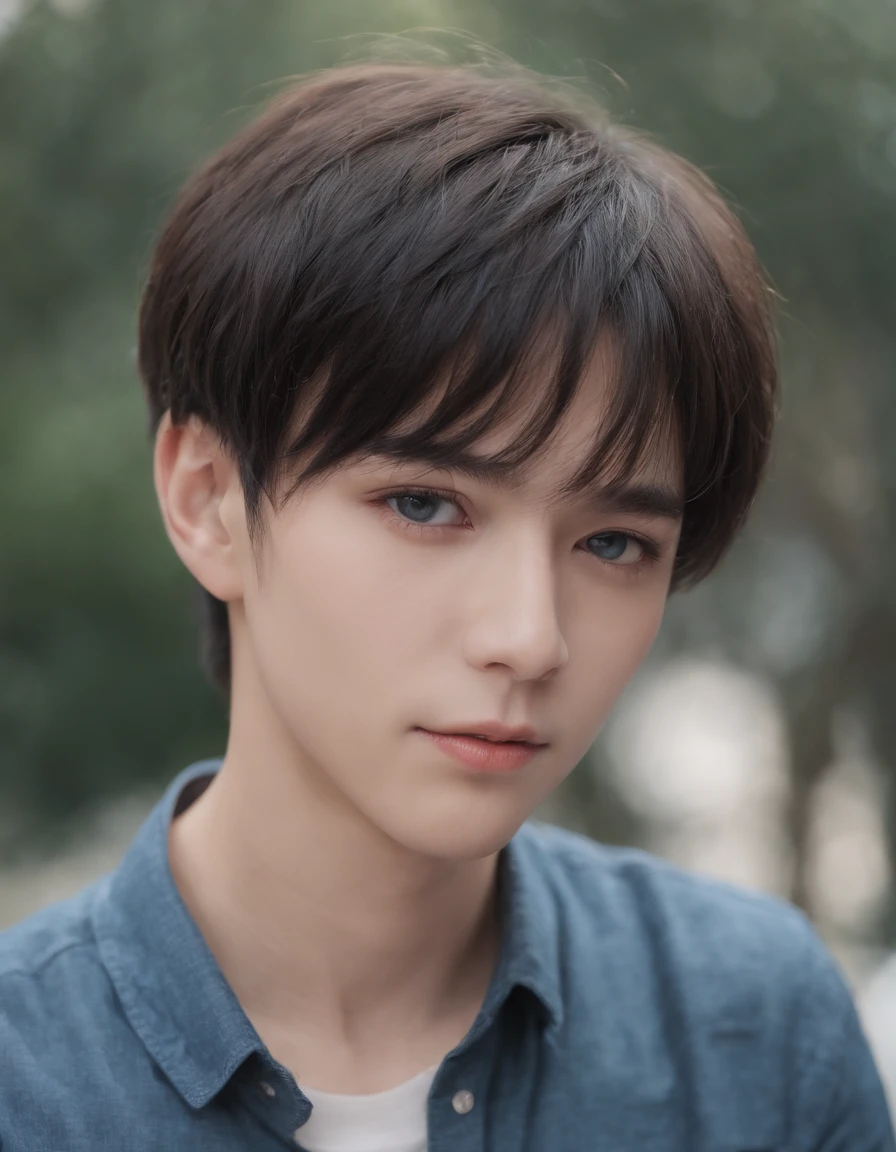The highest image quality, masutepiece, heavy acrylic, Pen Touch, Head, Portrait, Short black hair, Blue eyes, Shirt, male teen, True, pupils, School, in bad, Evil, Anime, androgyny, pixiv