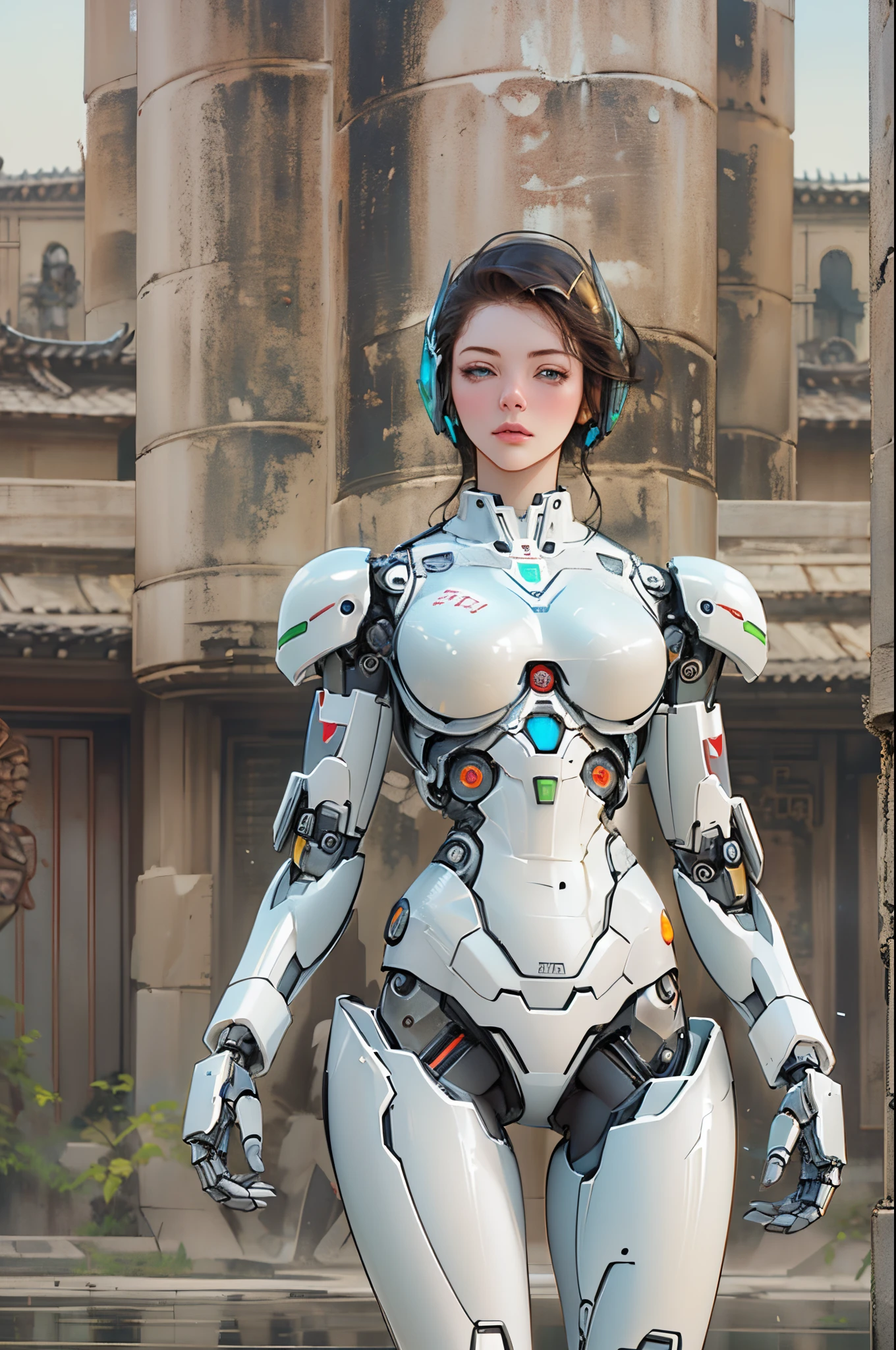 There is a woman in a robot suit posing next to an ancient building, Beautiful white girl cyborg, Cute robot girl, Beautiful girl robot, Perfect robot girl, robot-girl, young robot lady, Beautiful female robot, beautiful android woman, robot-girl, perfect robot woman, china robot, female android, Beautiful robot image
