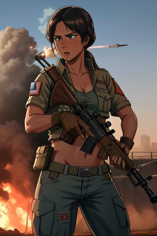 24 year old, Filipino Woman, tanned bronze skin, wearing USA marine corps uniform, fighting on the battlefield, strong muscles, world war, modern war theme, army girl, rifle, (holding a rifle: 1.3), (aiming and holding rifle: 1.3), soldier girl, infantry girl, shootout, air raid, air strike, military, camouflage uniform, burning vehicle, warzone, battlefield, war, ruins, explosion, burning city, smoke, torn tank top, belly button, gloves, torn military pants, face stained with mud and blood, sweaty skin, bloody skin, mud-stained skin, small, cleavage, expression of determination, rigorous expression, highest quality, ultra-high resolution, absurdity, realistic, physically based rendering, cinematic lighting, complex and cinematic appearance, cinematic soft light, soothing tone, battlefield background, urban war background, photorealistic, cowboy shot, dynamic angle