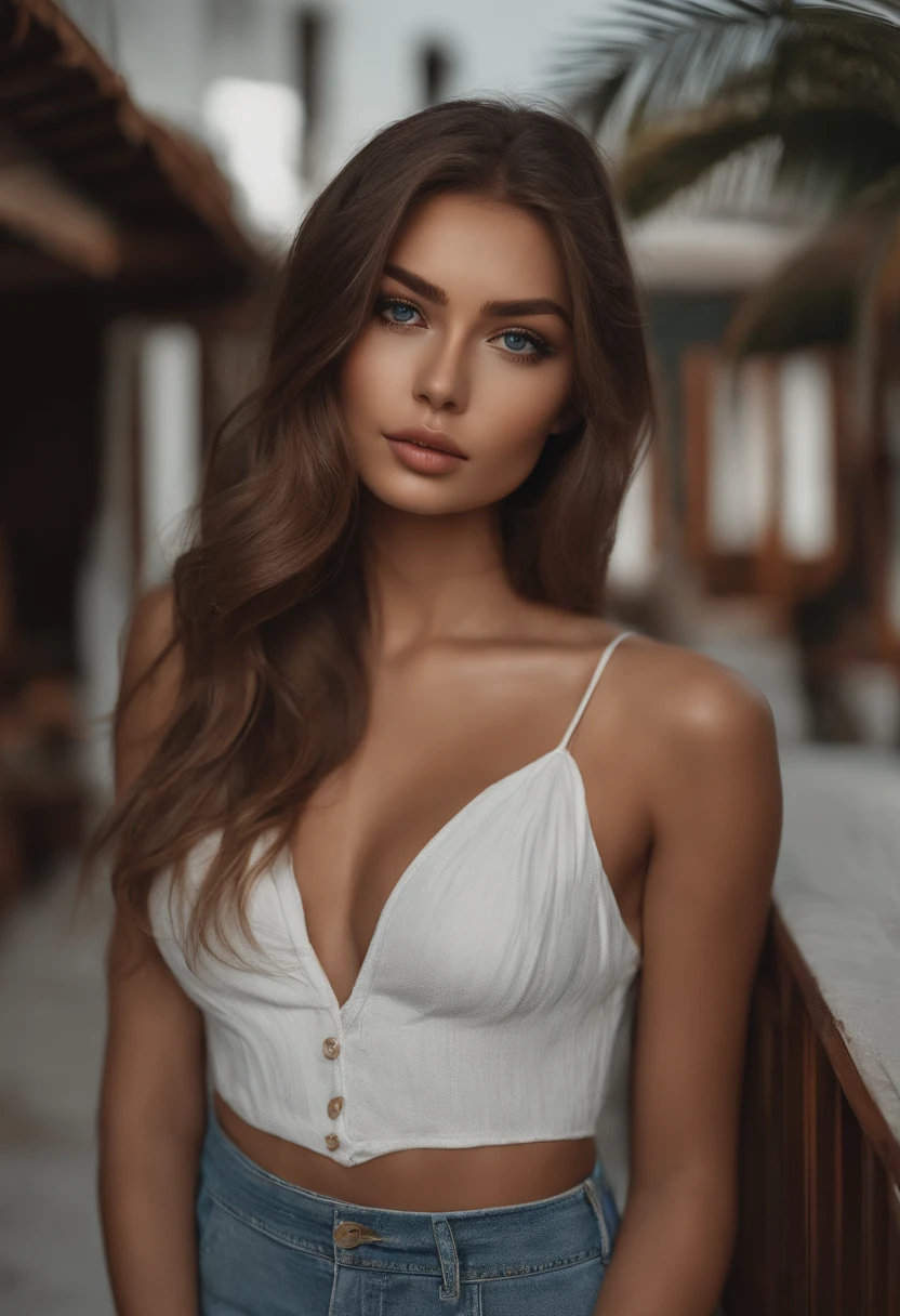 Latino and Swedish Woman, sexy girl with blue eyes, ultra realist, Meticulously detailed, Portrait Sophie Mudd, brown hair and big eyes, selfie of a young woman, Maldives, black suite, with makeup, natural makeup, looking straight at camera , Face with Artgram, Subtle makeup, Great photo of the whole body the street, in Maldives, Medium to large bust, in a sexy dress outfit, standing on Maldives