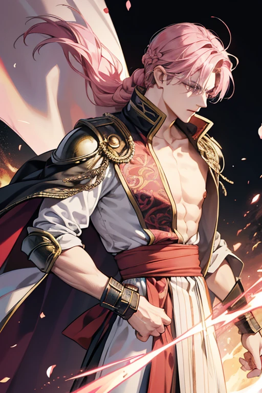 Wildberry Cookie, a notably muscular Cookie, has pink hair in a side braid, pink eyes, and dark brown dough, similar to many Hollyberrian Cookies. His hair is overall long, and much of it drapes over his head and above the steel headband he wears. He is considerably taller than most other Cookies, as stated by other Cookies such as Crunchy Chip Cookie Crunchy Chip Cookie and Royal Margarine Cookie Royal Margarine Cookie and as shown by his overworld animations.
His outfit consists of a silver suit of armor with a blazing red sash and dull plum band about his chest. Behind his armor his sash continues into a cloak that drags on the ground. His weapon of choice is a massive gauntlet with spikes on the fist, which is stated to be quite heavy and difficult for other Cookies to carry. The silver gauntlet is adorned with a pink, clover-like emblem and his cloak has a similar emblem on the back.