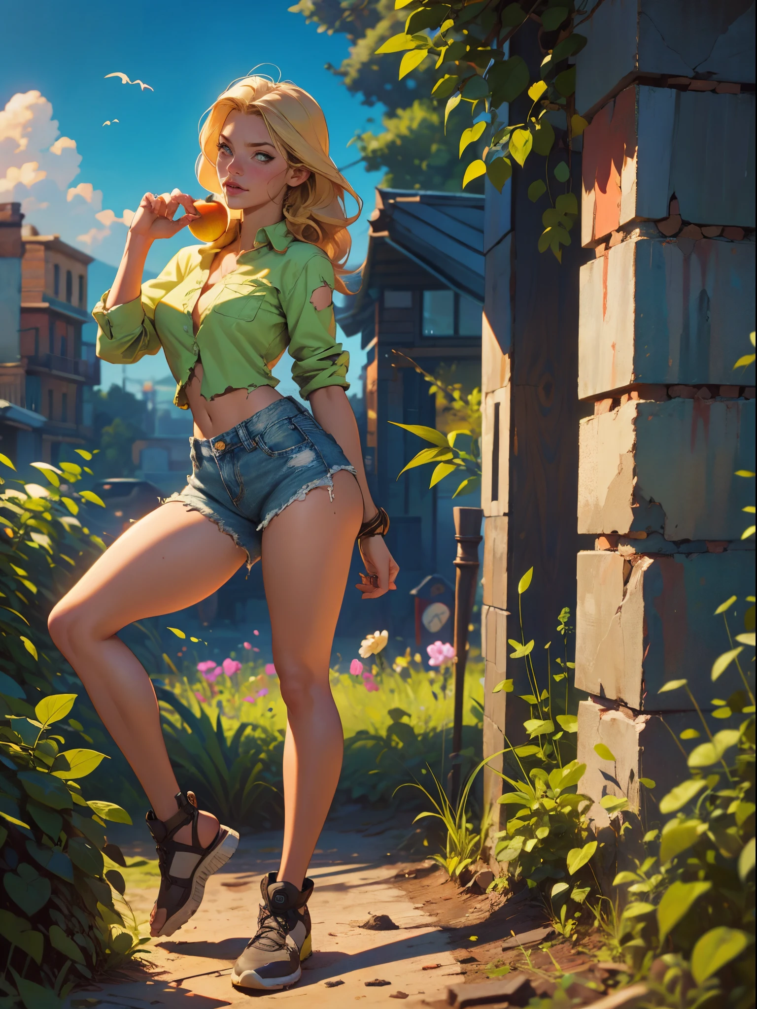 2076 year. The Urban Ruins of the Wasteland, Female huntress picking fruit in the garden, beautiful face, blonde, badly torn shirt and denim shorts , long legs, sweating through, sun rising, Nice warm colors, head to toe, full body shot, pretty hands, perfect fingers,