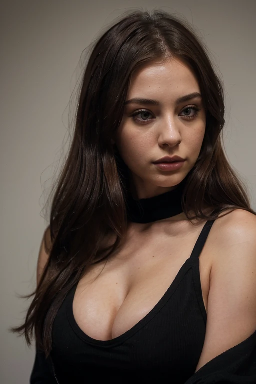 there is a woman in a black top and a black jacket, portrait sophie mudd, , thick neck, 24 year old female model, angelawhite, violet myers, 22 years old, she is wearing a black tank top, 21 years old, profile image, italian