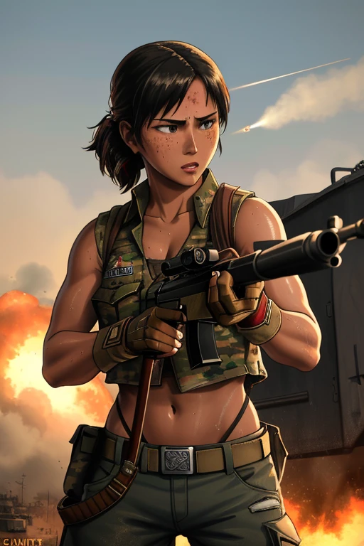 24 year old, Filipino Woman, tanned bronze skin, wearing USA marine corps uniform, fighting on the battlefield, strong muscles, world war, modern war theme, army girl, rifle, (holding a rifle: 1.3), (aiming and holding rifle: 1.3), soldier girl, infantry girl, shootout, air raid, air strike, military, camouflage uniform, burning vehicle, warzone, battlefield, war, ruins, explosion, burning city, smoke, torn tank top, belly button, gloves, torn military pants, face stained with mud and blood, sweaty skin, bloody skin, mud-stained skin, small, cleavage, expression of determination, rigorous expression, highest quality, ultra-high resolution, absurdity, realistic, physically based rendering, cinematic lighting, complex and cinematic appearance, cinematic soft light, soothing tone, battlefield background, urban war background, photorealistic, cowboy shot, dynamic angle