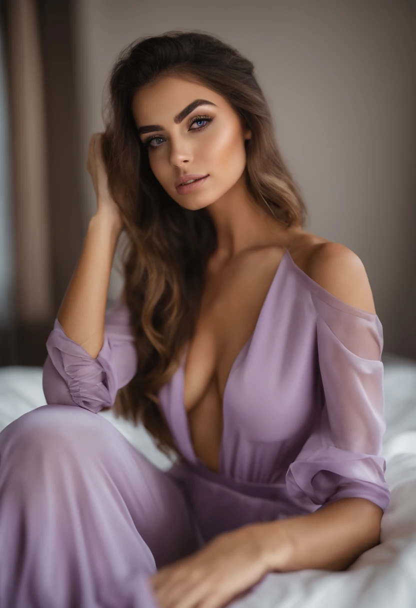 Femme Arafed complètement , fille sexy aux yeux bruns, ultra réaliste, Méticuleusement détaillé, Portrait Sophie Mudd, cheveux bruns et grands yeux, Selfie d’une jeune femme, Dubai Eyes, Violet Myers, sans maquillage, maquillage naturel, Regarder directement la caméra, Visage avec Artgram, Maquillage subtil, Superbe photo du corps entier agenouillée sur le lit, dans la chambre, Buste de taille moyenne à grande