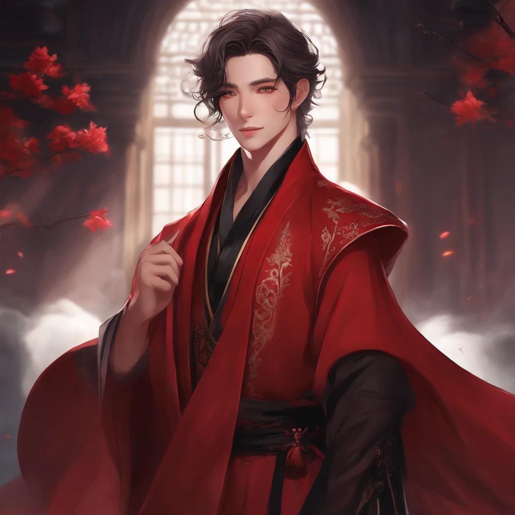 Close-up of a person wearing a red coat and black shirt, cute guy in demon slayer art, beautiful androgynous prince, ((wearing aristocrat robe)), handsome japanese demon boy, delicate androgynous prince, inspired by Yamagata Hiro, finely detail. Anime. tentacles, by Yang J, male vampire of clan banu haqim