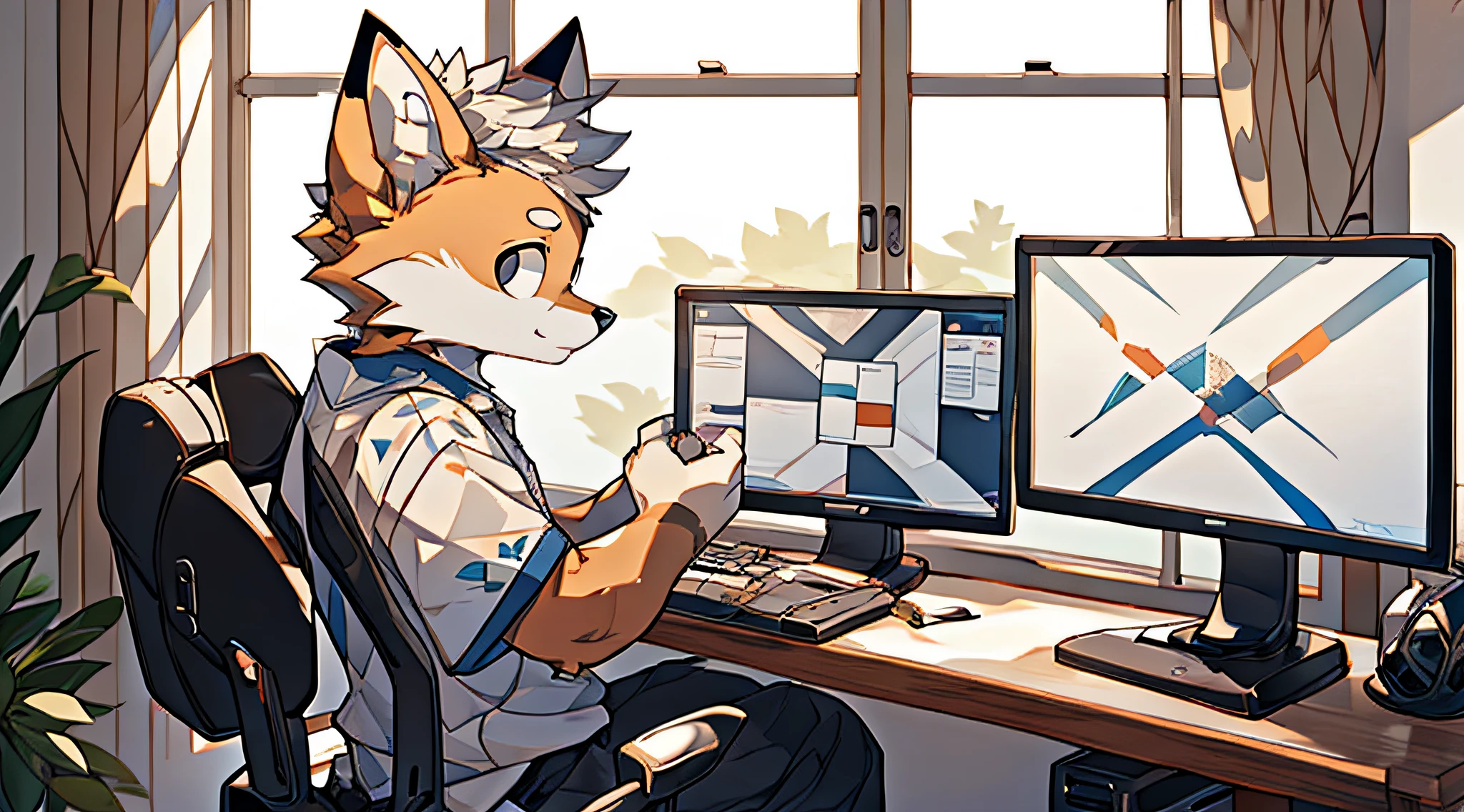 furry,bara,fox,masculine,all white fur,Mild hemorrhoids form.,Black eyes,Sit on the computer surface,Looking at the computer screen,The sides were cut out to form windows..,in the bedroom.,Not much light,Shota