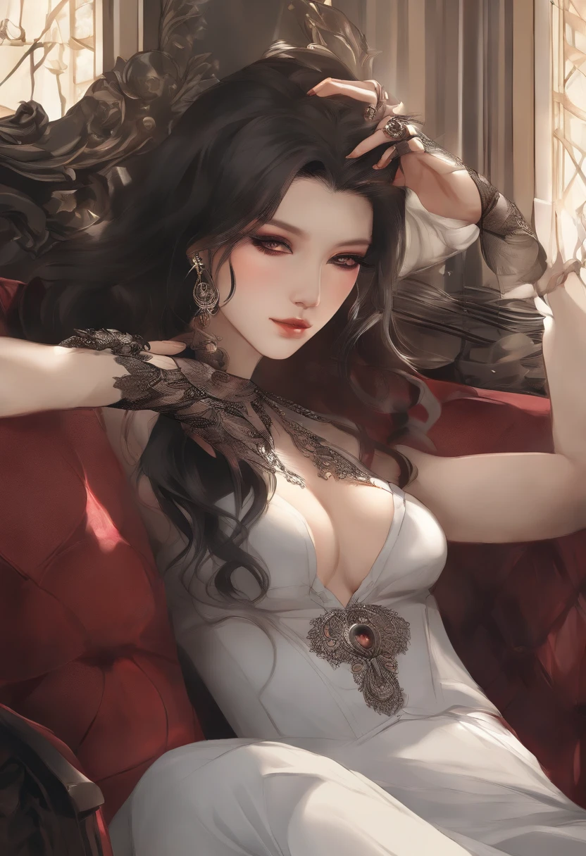 (masutepiece:1.3), (absurderes:1.3), (Best Quality:1.3), (8K), (large masterpiece digital art), (Detailed Manga Illustration), (Handle Hair), Perfect Anatomy, (Sharp eyeliner, eyeshadows, Detailed eyes:1.1), (Intricate details:1.3), (Ultra-detailed:1.3), (Illustration:1.3), (Sharp Focus:1.3), (Natural lighting:1.05), (Vivid colors:1.3), BREAK, 1boy, line-drawing, Vampire, Mafia, gangster, sitting in the couch, Glare