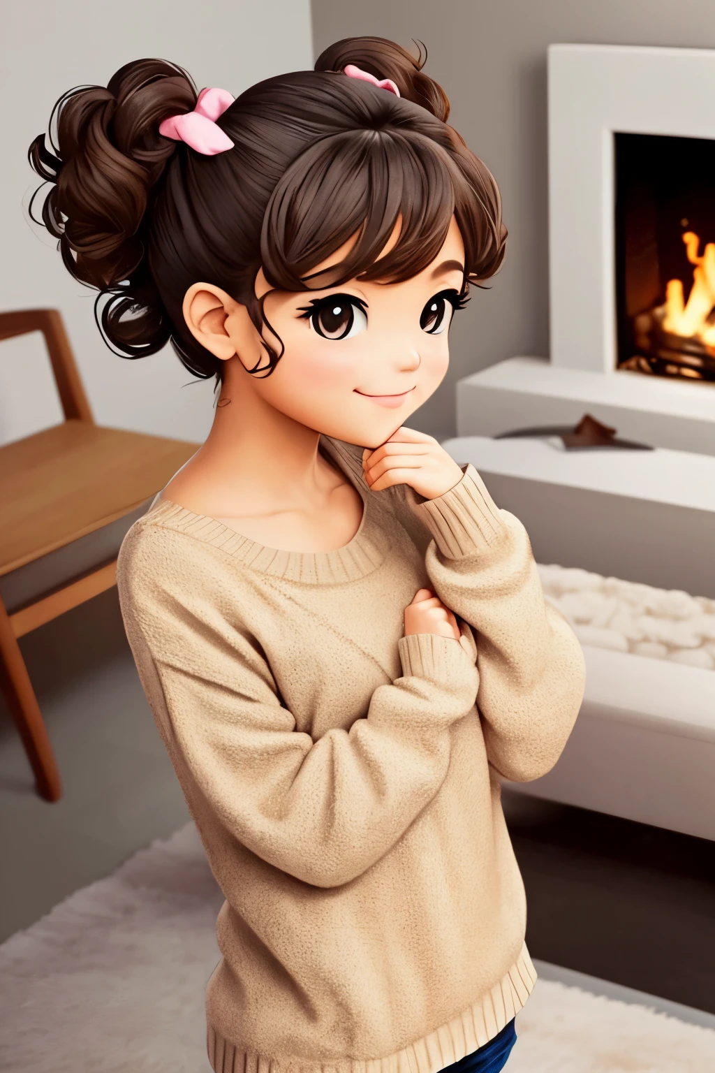 Shoulder sweater, Curly shorthair, hair scrunchie, Twin-tailed, kawaii pose、ssmile、Simple modern living room background with fireplace、Taken from the side、Strong bokeh