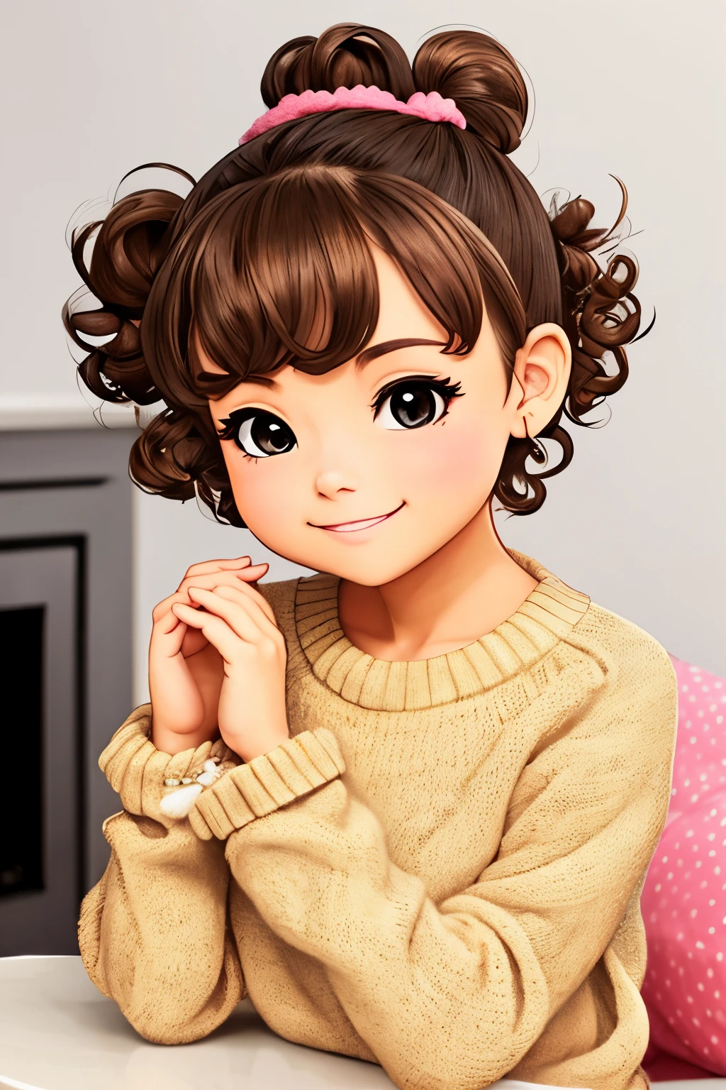 Shoulder sweater, Curly shorthair, hair scrunchie, Twin-tailed, kawaii pose、ssmile、Simple modern living room background with fireplace、Taken from the side、Strong bokeh