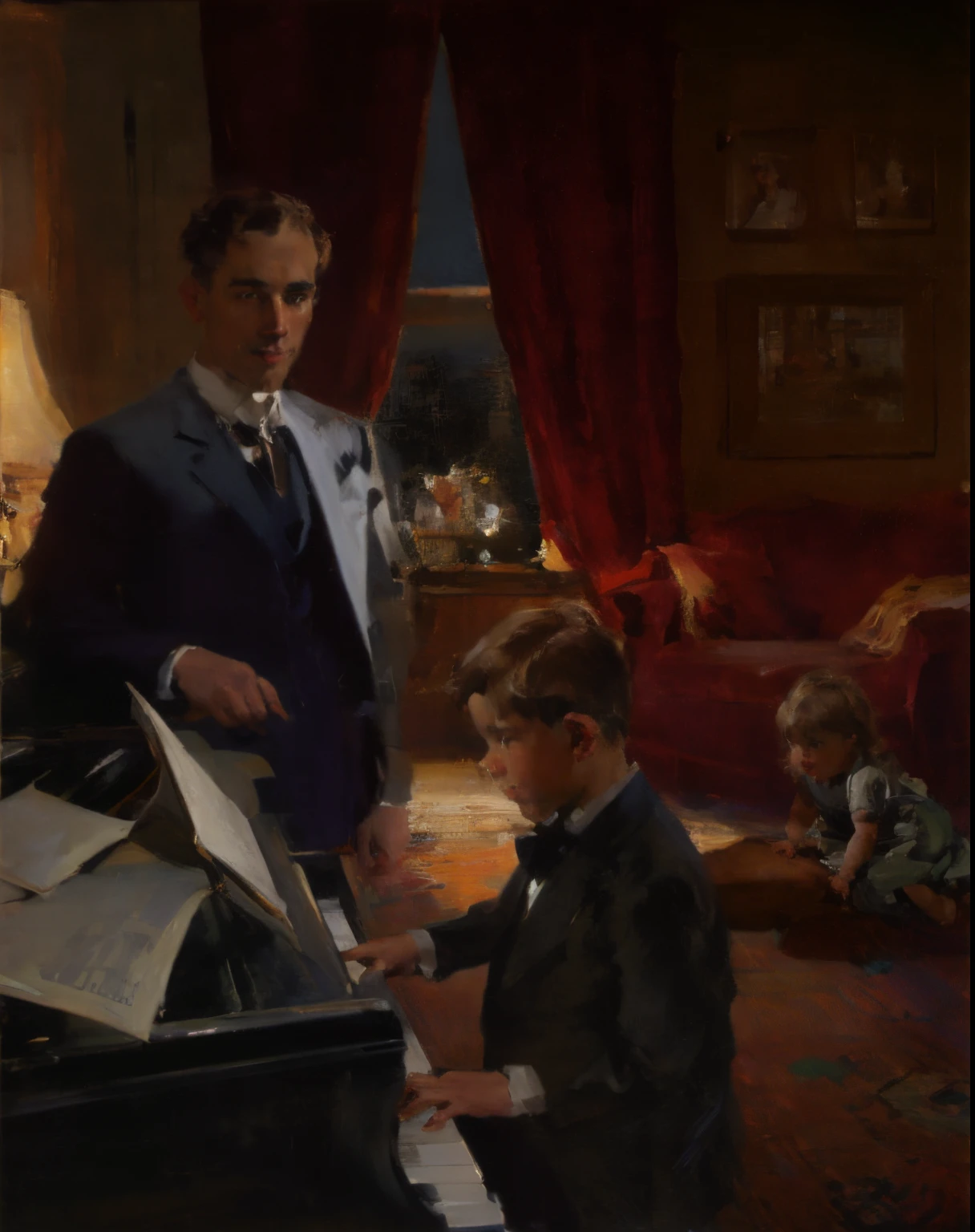 impasto oil painting by John Singer Sargent and Richard Schmid featuring a teen boy playing piano, A happy brown-haired caucasian 40-year-old male music teacher standing and watching a teenage brown-haired boy play piano in a 1915 Manhattan apartment while a 2-year-old blonde girl plays on a Persian rug on the floor, dramatic rim lighting, oil paint, painterly