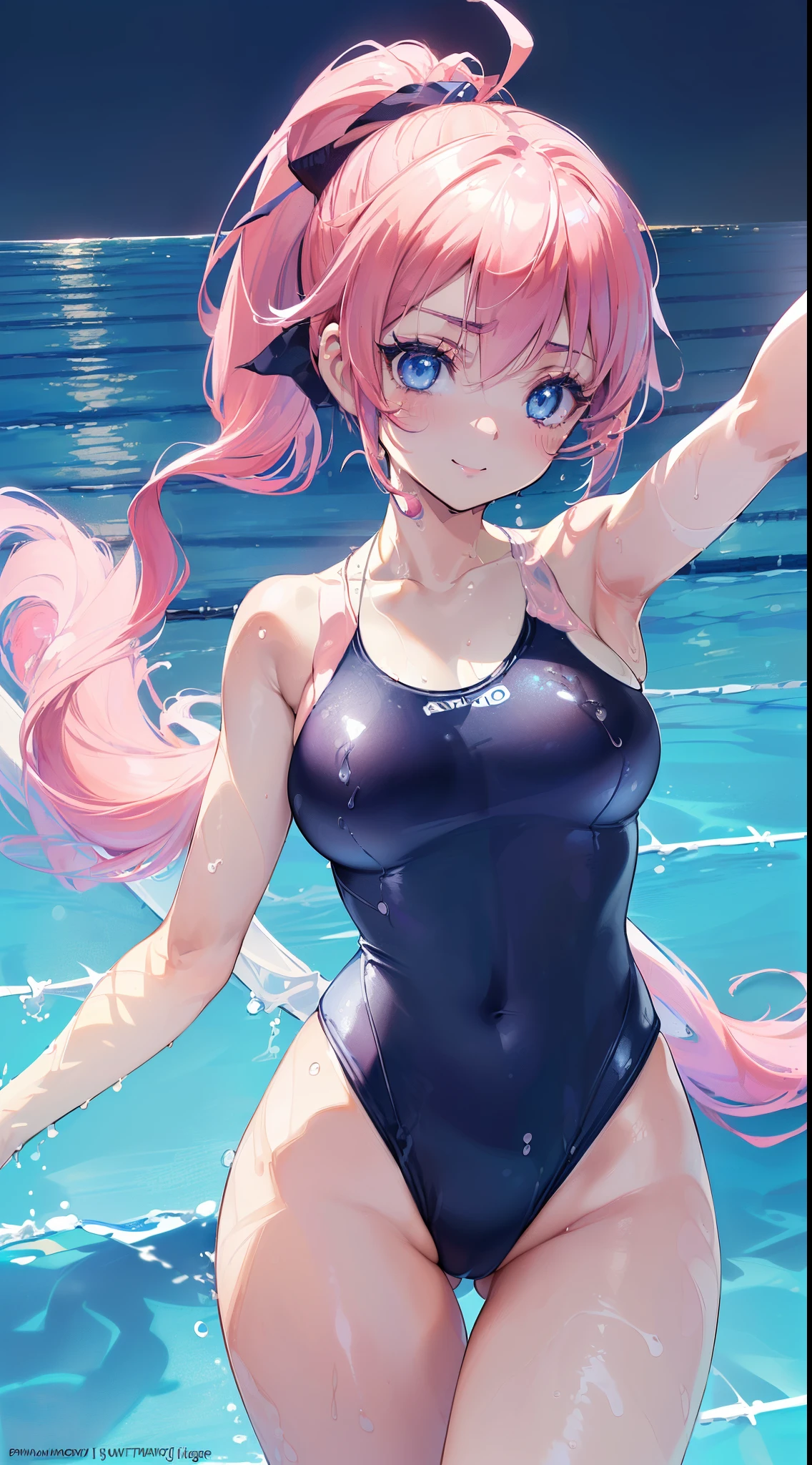 ((Ultra-detailed)), (top-quality),((masterpiece)), ((Super exciting)), ((8K)), ((extremely clear)), ((Very sophisticated)), ((Anime Graphics)) ((Anime quality)), ((anime illustration)), ((upper lighting)), ((glowing skin)), ((3D),((upper body)), ((Perfect Anatomy)),((Solo)), ((a Japanese girl)), ((a baby face)), ((Pink hair)), ((Short ponytail:1.5)), (Large Hair Ribbon), ((Ahoge)), ((drooping eyes)), ((Blue eyes)), ((anime quality eyes)), ((long eyelashes)), ((Thin eyebrows)), ((Beautiful breasts)), ((Detailed face description)), ((realistic skin texture)), ((depth of fields)), (Competitive swimsuit:1.6), Swim Cap, (Swim Goggles:1.2),swimming pool background, (Smile), (look at viewers), shiny-glistening, gleaming, blush, (sexiest look), ((high angle)), standing, look from above, selfie, blue-sky