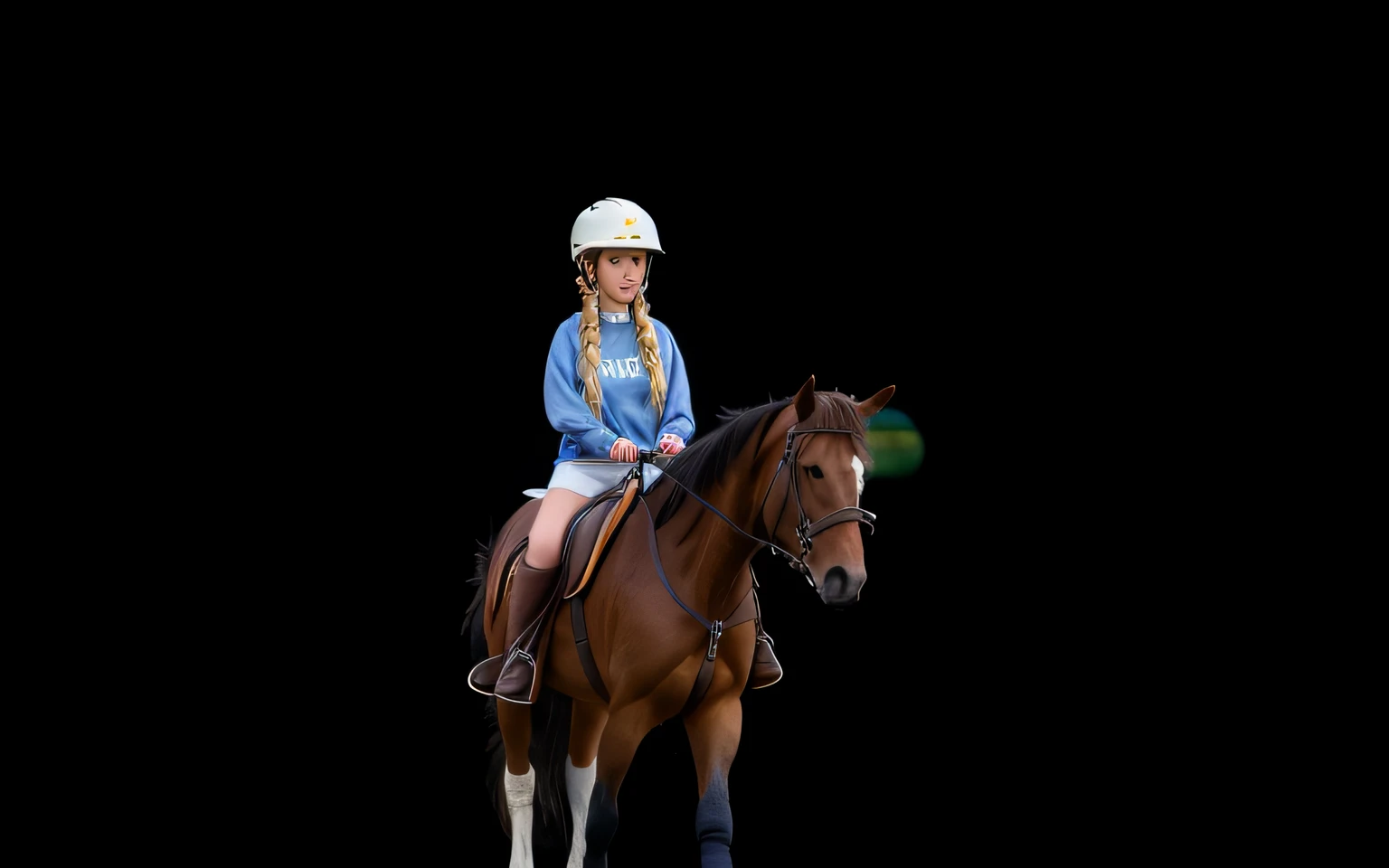 girl riding brown horse, blonde braided pigtails, blue sweatshirt, brown helmet