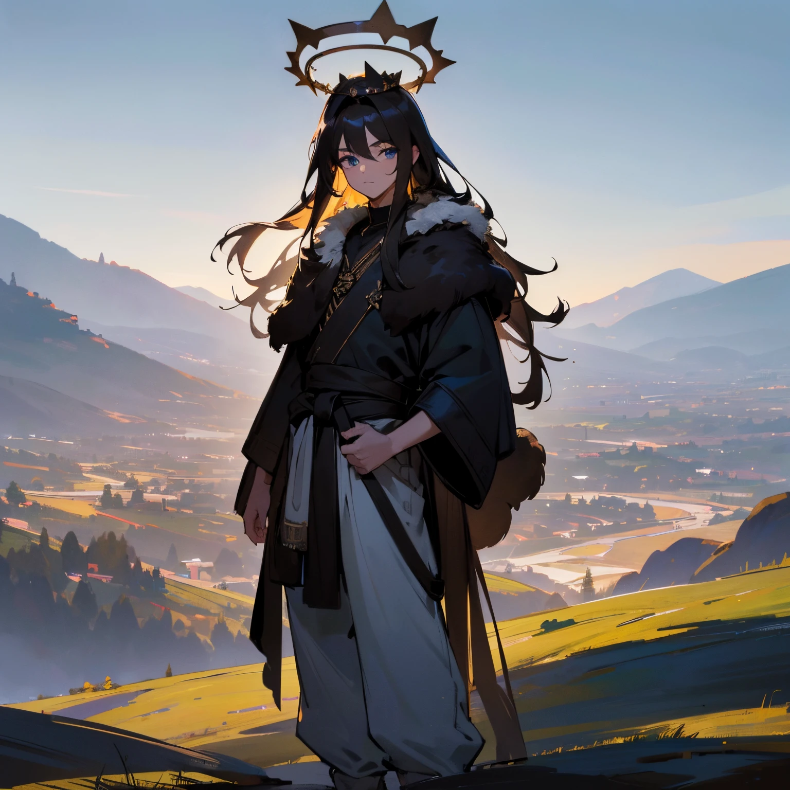 (best quality,4k,8k,highres,masterpiece:1.2),ultra-detailed,Long Brownish Black Hair, Blue eyes, beautiful detailed eyes, Halo Crown Floating Above head, 1male, Black Gi,Fur Pelt Around waist, White Baggy Pants, Standing on mountain, serene mountainous landscape, glowing sunlight, dramatic lighting, surreal atmosphere.