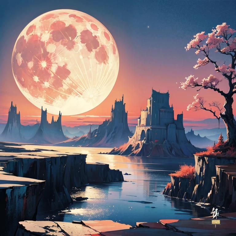 (japanese landscape painting),(Precipitous cliffs illuminated by a huge moon),poet on the edge,Cheers to the monthly drinking party,Ultra-long viewing angle