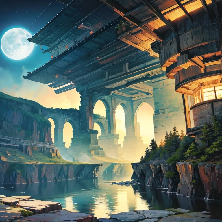 (japanese landscape painting),(Precipitous cliffs illuminated by a huge moon),poet on the edge,Cheers to the monthly drinking party,Ultra-long viewing angle