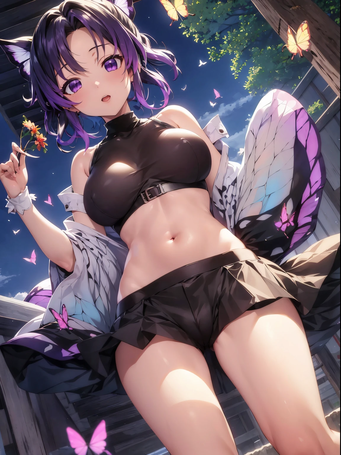 masutepiece, Best Quality, hight resolution, 1girl in, 独奏, kochou shinobu, Decorate your hair with butterflies, violet eyes, Multi-colored hair, Short hair, Parted bangs, Short shorts, Spread your legs apart, skirt by the, Turtleneck Top, outside of house, Erotica, Emphasis on the chest, Valley, black lace pants