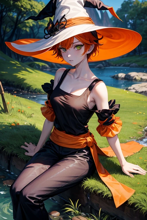 an anime style full body image of a witch with white skin, orange short hair, green eyes, and a witch hat with an orange band around the top, shes wearing a black short top with no sleeves and black long trousers sitting on a brook above a grassy field