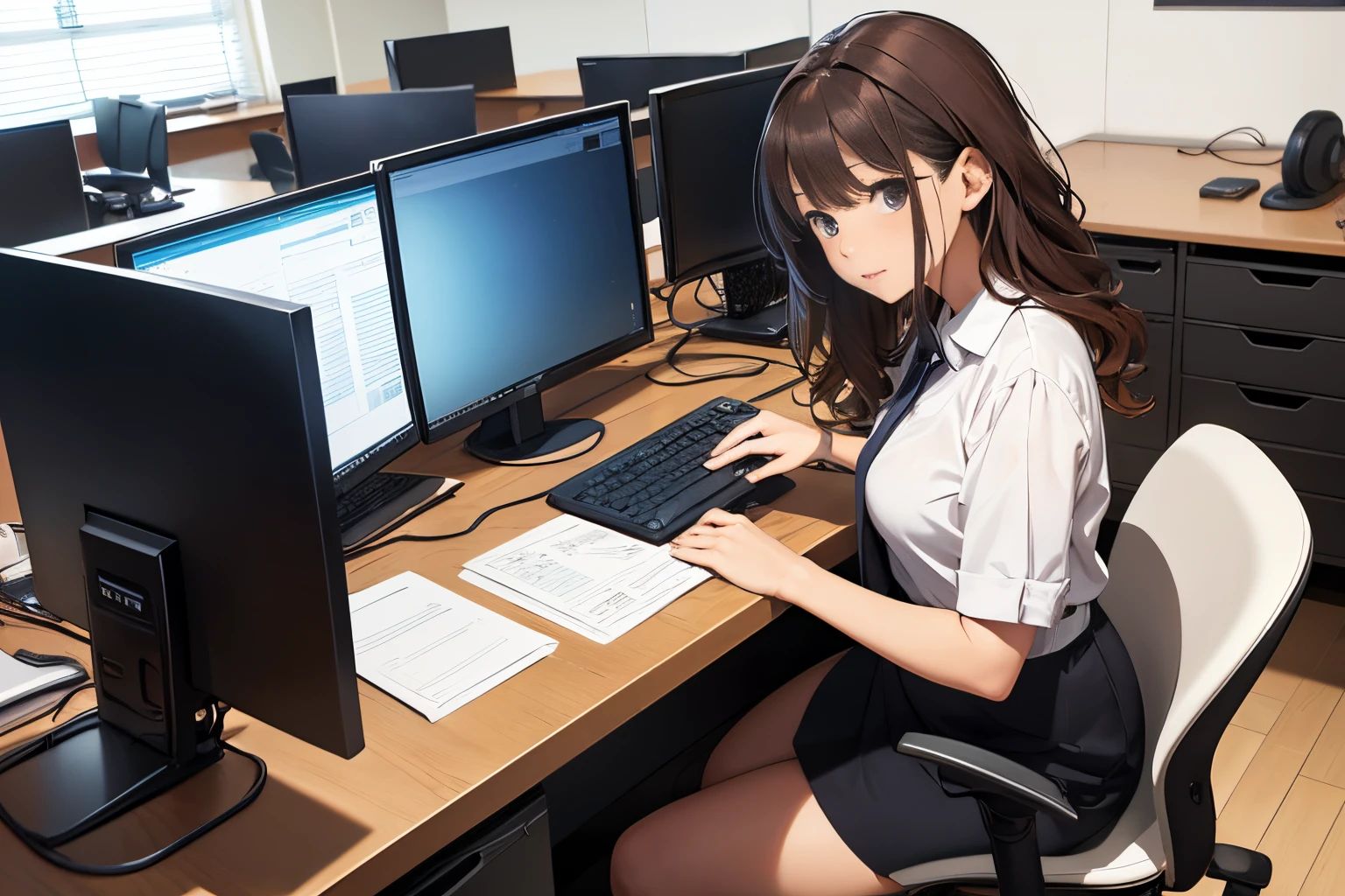 Office lady working on a computer at her office desk、1girl in,  serious, brown Wavy hair,