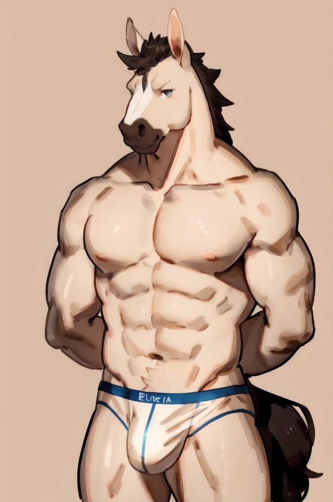 Solo, Furry, Anthro, Horse, Male, E621, Standing, Muscular, Hands behind back, Wearing underwear, Plain background, Front view, Light skin, By buta99