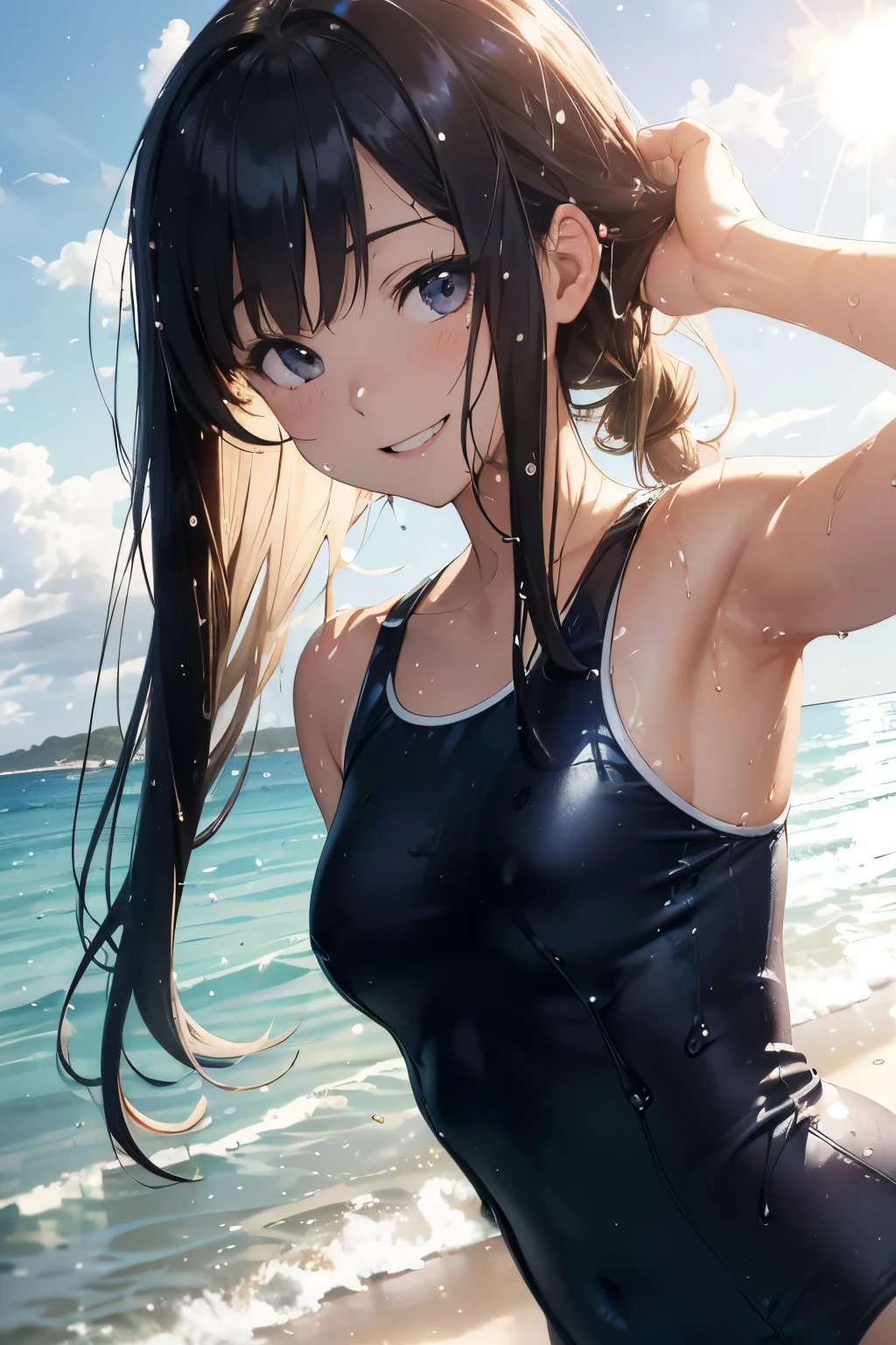 (masutepiece:1.2), (Best Quality), hyper detailed illustration,beautiful artwork,(Extreme Detail CG Unity 8K wallpaper、masterpiece、top-quality)、(exquisite lighting and shadow、highly dramatic picture、cinematic lens effects)、Young ager girl on the beach,swim wears, 1girl in, (School swim wear:1.3), Solo, onepiece swimsuit, Outdoors, Long hair, (Wet), breasts, Covered navel, Water, Black hair, Brown eyes, day, Small breasts, Bangs, Sunlight, Blue one-piece swimsuit,(Wet:1.2),(Water splash:1.1),Open mouth,(straggling hair:1.2), Dramatic Horizon,(light Particle:1.1),(sunlight shining:1.2),(Long hair:1.2),(The swimsuit is wet),(Strong sunshine:1.1),(Lens Flare:1.3),(Tsurime:1.2),(Sweat:1.2),Head tilt,arched body,(From one finger to mouth),(Big smile),(On the beach),