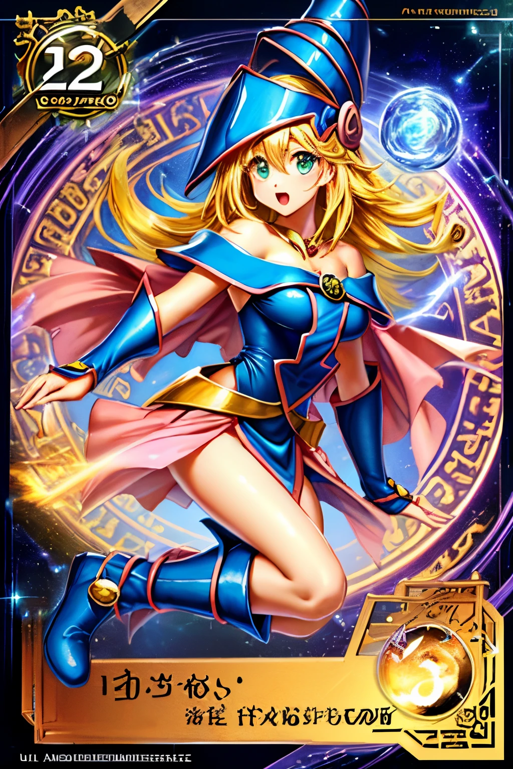 Una chica maga oscura flotando tiernamente, magical aura, fantasy background, Runa brillante, (( una tarjeta Yu-Gi-Oh debajo de ella)), dando una vibra de que fue convocada,epic composition, (Detalles complejos), (complex design, Ultra-detalles :1.2), Art Station, (Obra maestra, La mejor calidad), Ultra HD, 32K ,Renderizado de octanaje, bioluminiscente,8k resolution concept art, realismo,por Mappa studios,Obra maestra,La mejor calidad,Arte Oficial,illustration,clear line,(fresco_Color),perfect composition,absurdos, fantasy,( debajo de ella hay una tarjeta de Yu-Gi-Oh), Diagrama