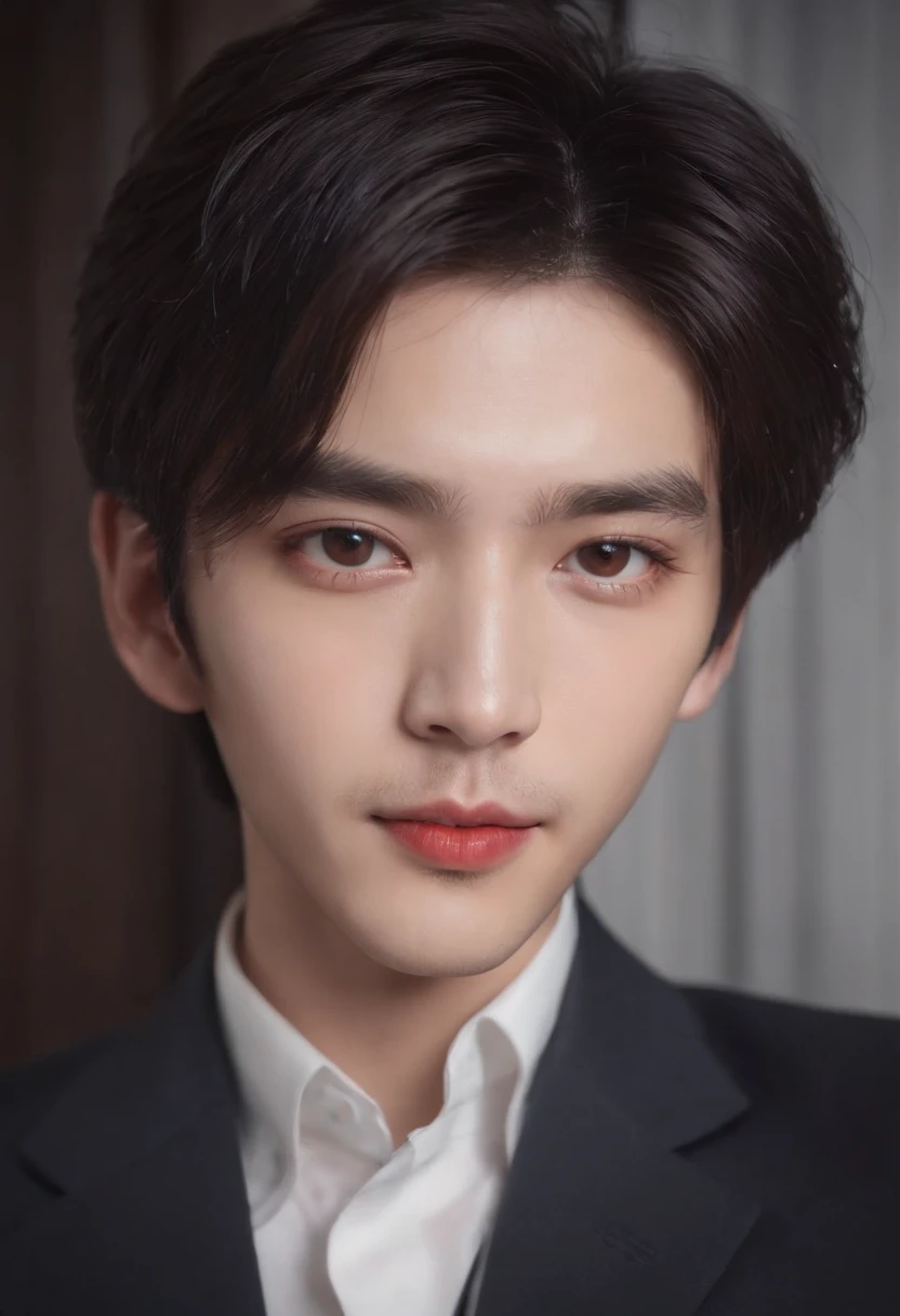 Selfie only,Sven short black hair, fluffy and messy,sketch red lips。,Juvenile Sense,Beautiful eyes,Light sensitivity in the eyes Long eyelashes,Real and realistic,red rip,Light and Shadow Details,pearlescent,Lee Seo Hyuk,Cai Xukun's, Cool guy,Beautiful facial features,young handsome Man,Eyes Like Gems,affectionate eyes,Light lips,Business Suit,closeup portrait,sketch red lips。
