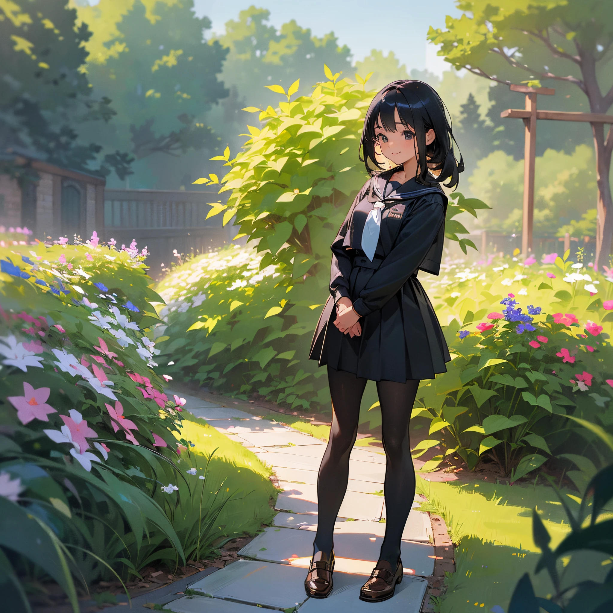 (Best Quality,High resolution,Ultra-detailed,Photorealistic:1.37),peaceful ambiance,(plein air,garden),Teenage girl standing alone,Beautiful detailed features,Cute smile,(Black bob hair),Navy sailor suit,Pleated skirt,Black tights,Brown leather shoes.