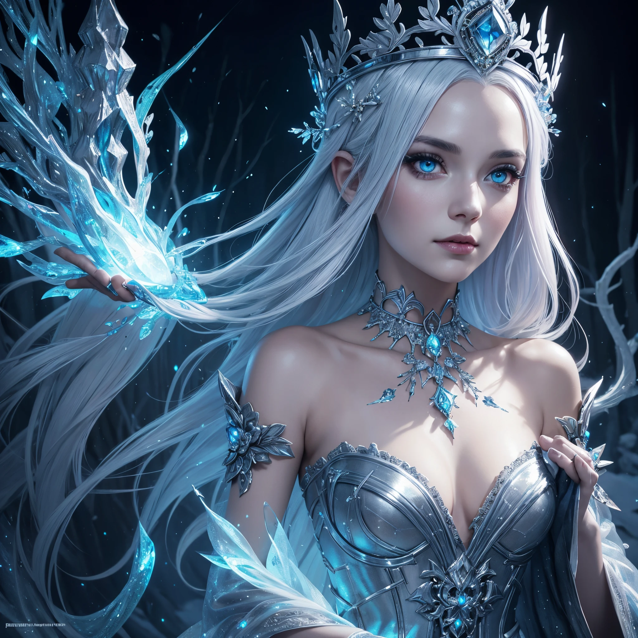 Woman with platinum hair, in a dress of ice flowers, a beautiful crown on her head, detailed face, detailed skin, front, background frozen forest, cover, unzoom, choker, hyperdetailed painting, luminism, Bar lighting, complex, 4k resolution concept art portrait by Greg Rutkowski, Artgerm, WLOP, Alphonse Mucha, little fusion pojatti realistic goth, fractal isometrics details bioluminescens : a stun