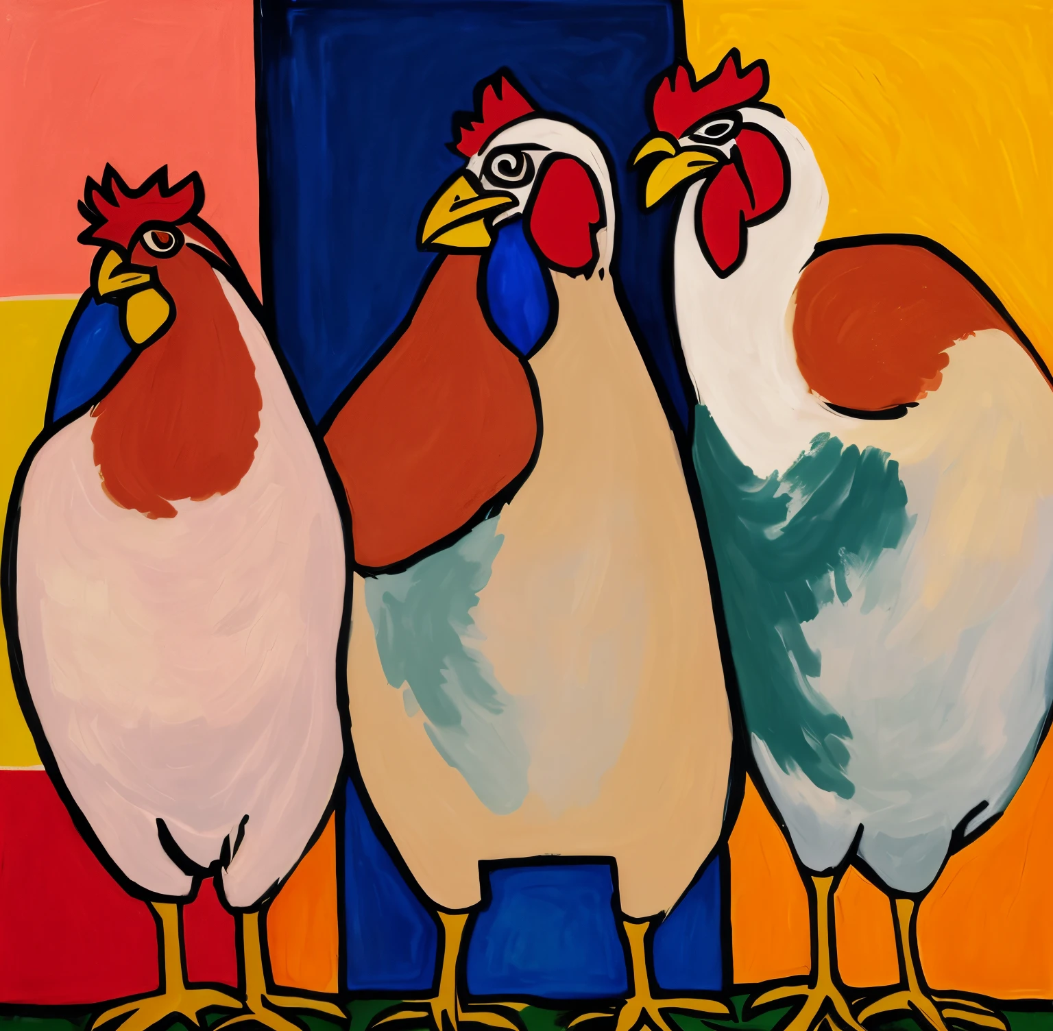 A drawing of three chickens holding a bottle of wine in their mouths, Inspired by Max Pechstein, chicken, Fauvist style, expressionist painting, brutalist, Inspired by Candido Portinari, Inspired by Lovis Collins, author:Max Pechstein, author:Lodewijk Bruckmann, author:Jankel Adler, human , drinking