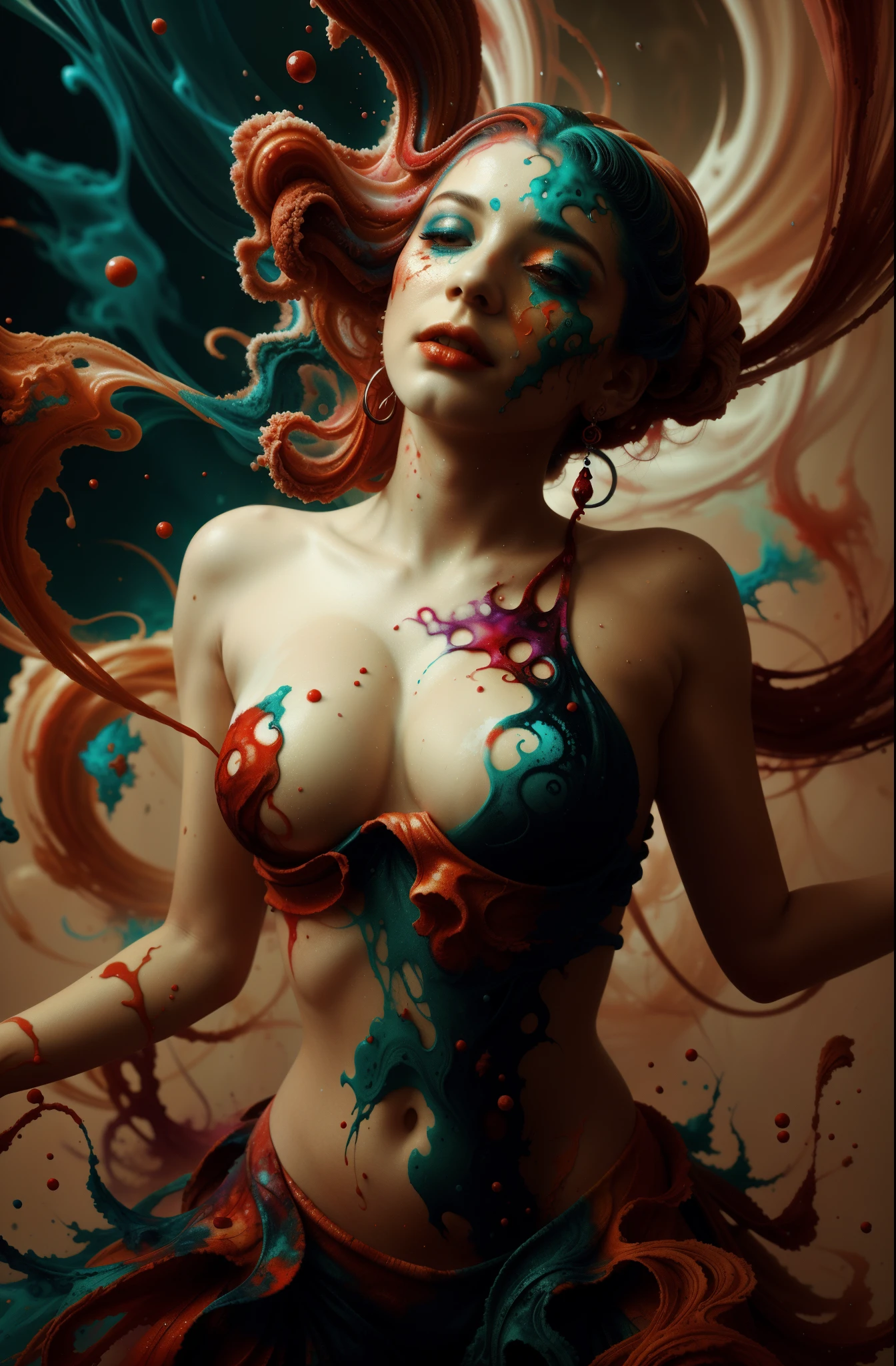 Alberto seveso art, white woman dancing sillhouette, water ink, crimson red ink water, orange ink cloud, yellow bubbles, alberto seveso art, loose painting style, intricate detail, cinematic lighting, octane render, 8k render, volumetric lighting