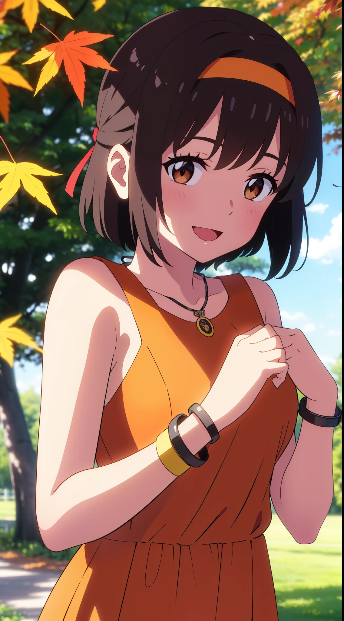 (masterpiece, best quality, high quality, highres, ultra-detailed), shinkai makoto, kimi no na wa., 1girl, bangs, black hair, blush, bright eyes, brown eyes, headband, looking at the viewer, red bow, red headband, red ribbon, dress, orange dress, short hair, medium breasts, solo, day, Outdoors, shiny skin, standing, shadow, smile, happy, :D, bracelet, necklace, upper-body, {{{{{{in autumn}}}}}}, maple tree, falling leaves, autumn scenery, warm color., beautiful, pretty, {{{{fluttering leaves}}}}