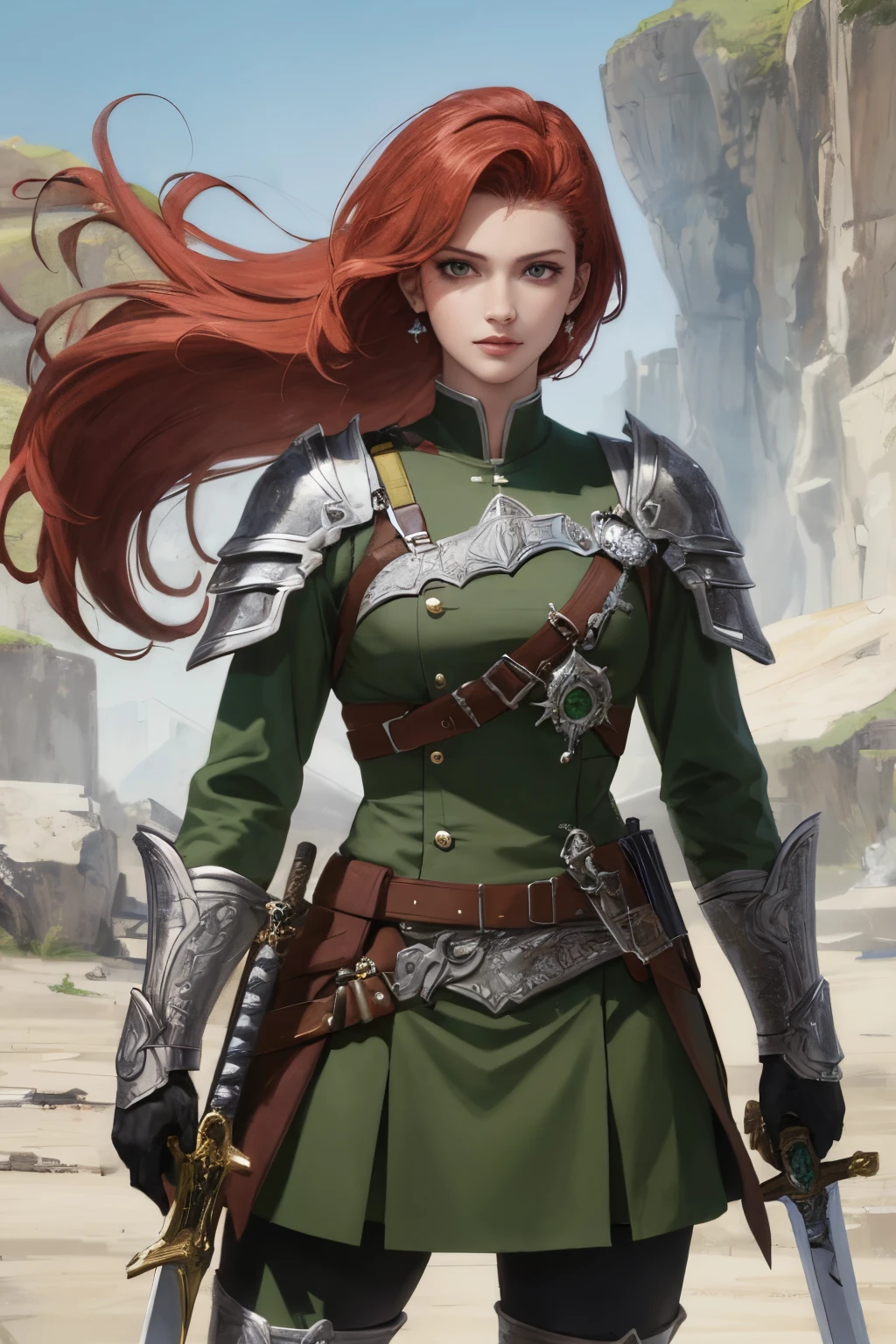 Mulher, ruiva, olhos verdes, cavaleira, segurando uma espada grande e larga, tons de marrom , forte, anime, sword RPG,.espada grande, armadura