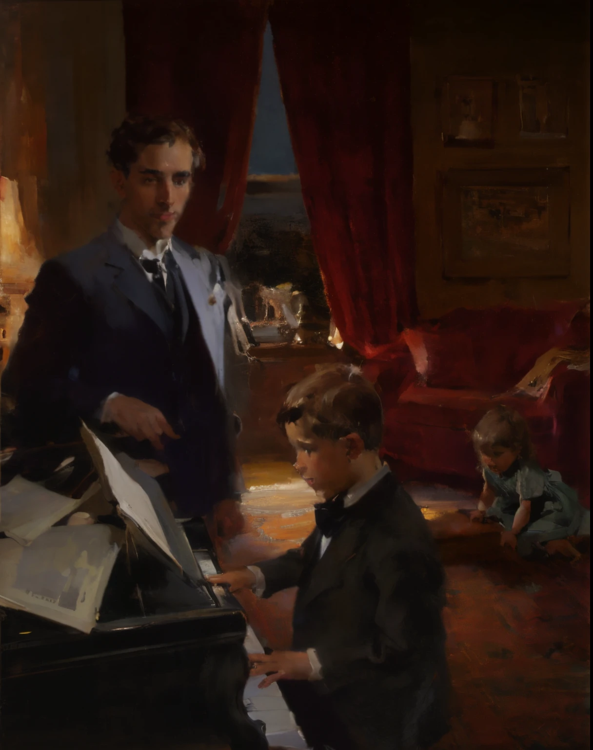 impasto oil painting by John Singer Sargent and Richard Schmid featuring a teen boy playing piano, A happy brown-haired caucasian 40-year-old male music teacher standing and watching a teenage brown-haired boy play piano in a 1915 Manhattan apartment while a 2-year-old blonde girl plays on a Persian rug on the floor, dramatic rim lighting, oil paint, painterly