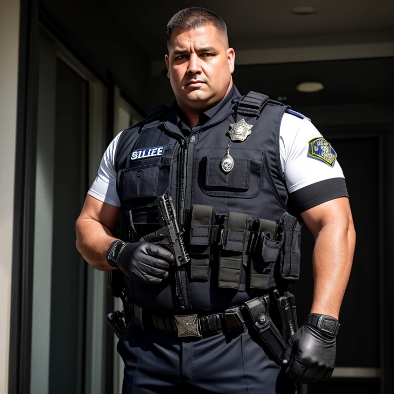 a realistic photo of an intimidating overweight police officer in a SWAT uniform and a heavy duty bulletproof vest on, gloves, abdomen hanging over his belt, etc.